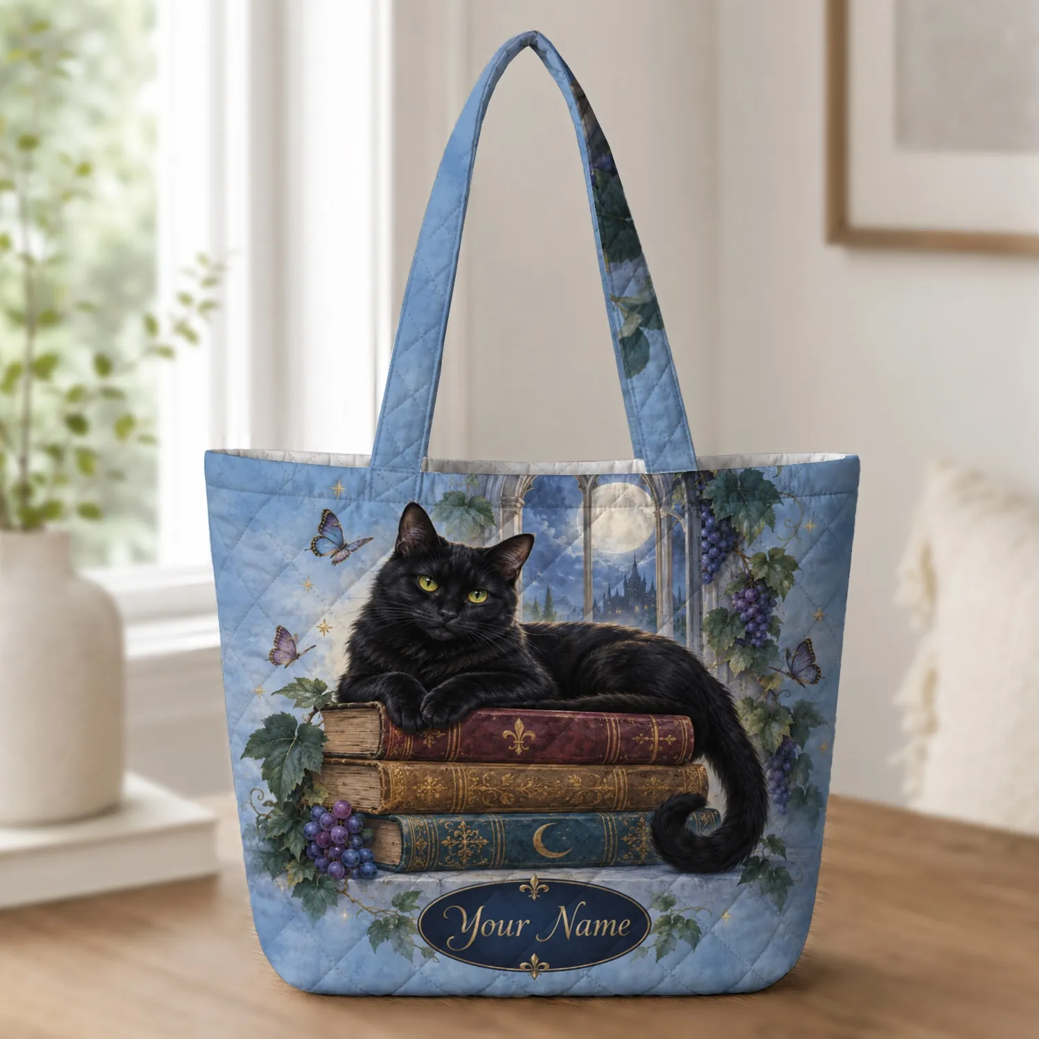 Black Cat on Antique Books with Moonlit Florals for Cozy Gothic Library Lovers and Readers Quilted Tote Bag - 1