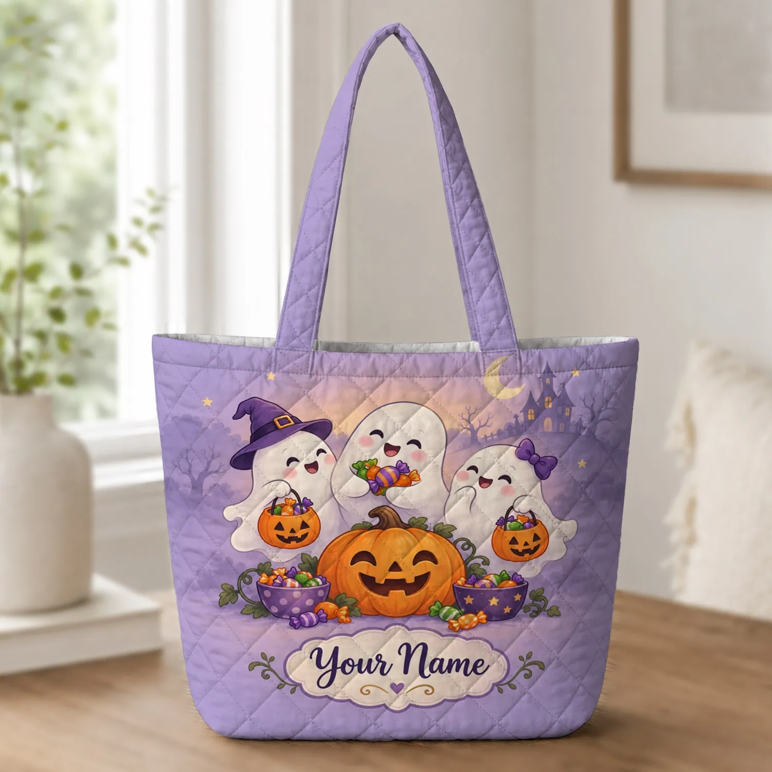 Cute Ghosts, Candy Pumpkins & Halloween Treats for Cozy Halloween Trick-or-Treat Nights Quilted Tote Bag - 1