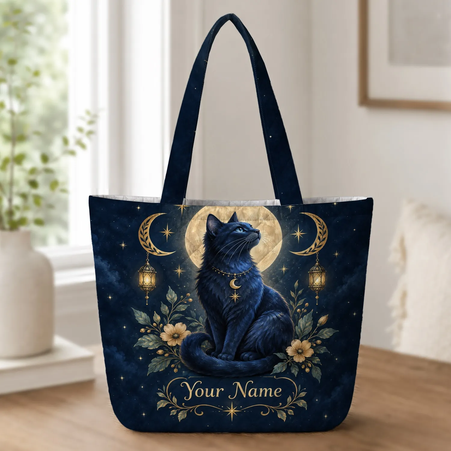 Mystical Blue Cat Beneath Crescent Moons for Witchy Nights and Astrology Lovers Quilted Tote Bag - 1
