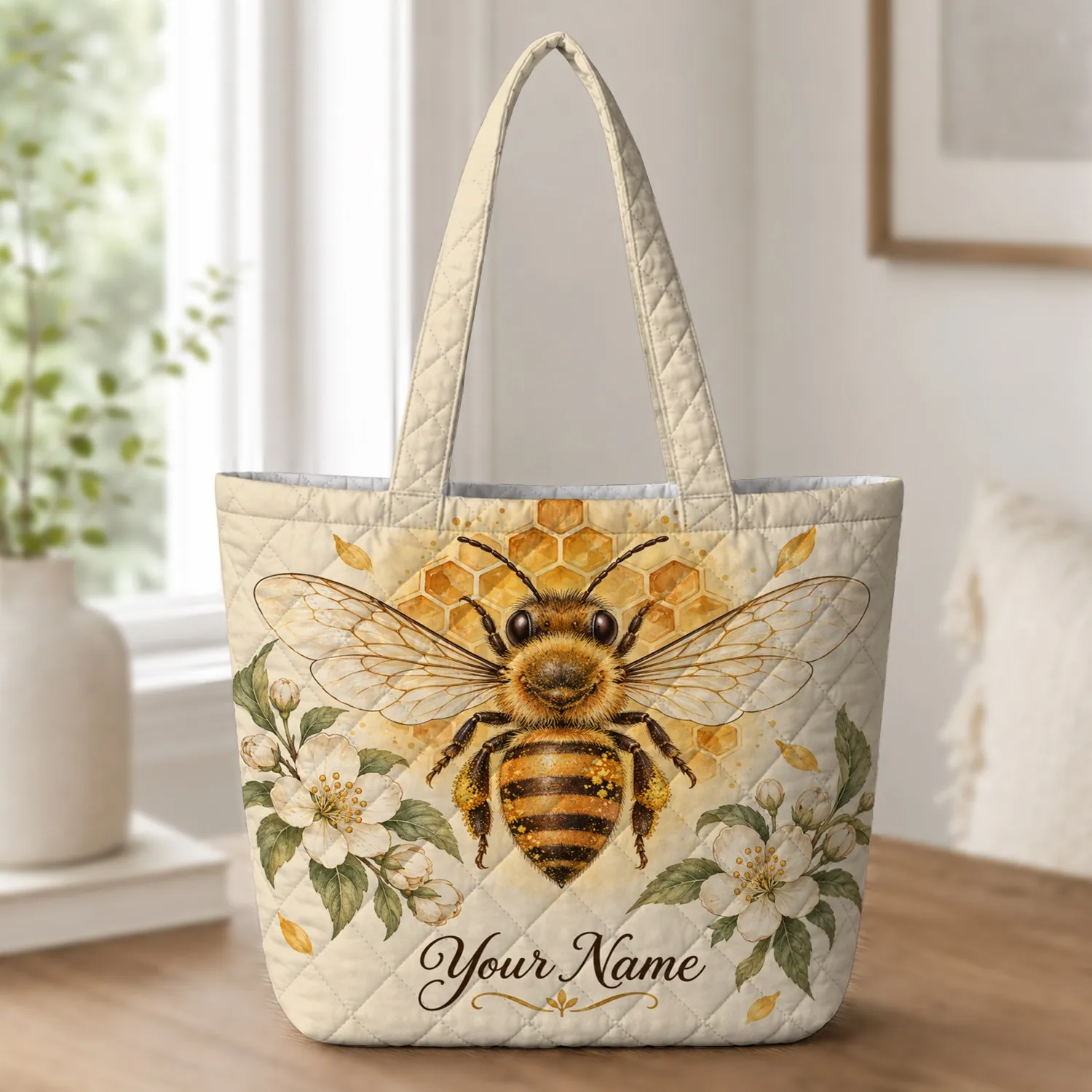 Art Nouveau Honey Bee and Blossoms for Cottage Garden Gift Giving Quilted Tote Bag - 1