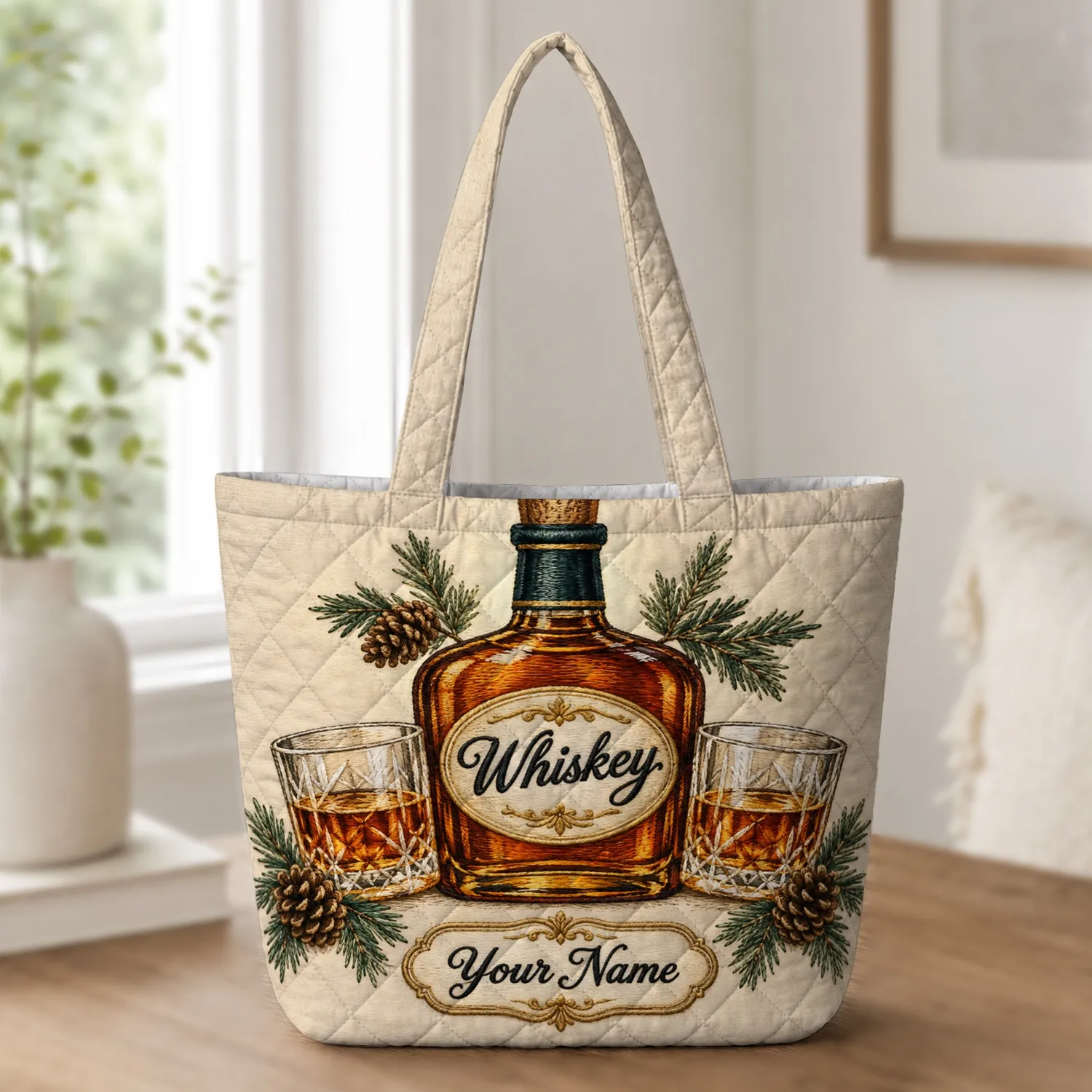 Rustic Whiskey Bottle and Glasses for Cabin Bar Nights, Bourbon Gifts for Friends Quilted Tote Bag - 1