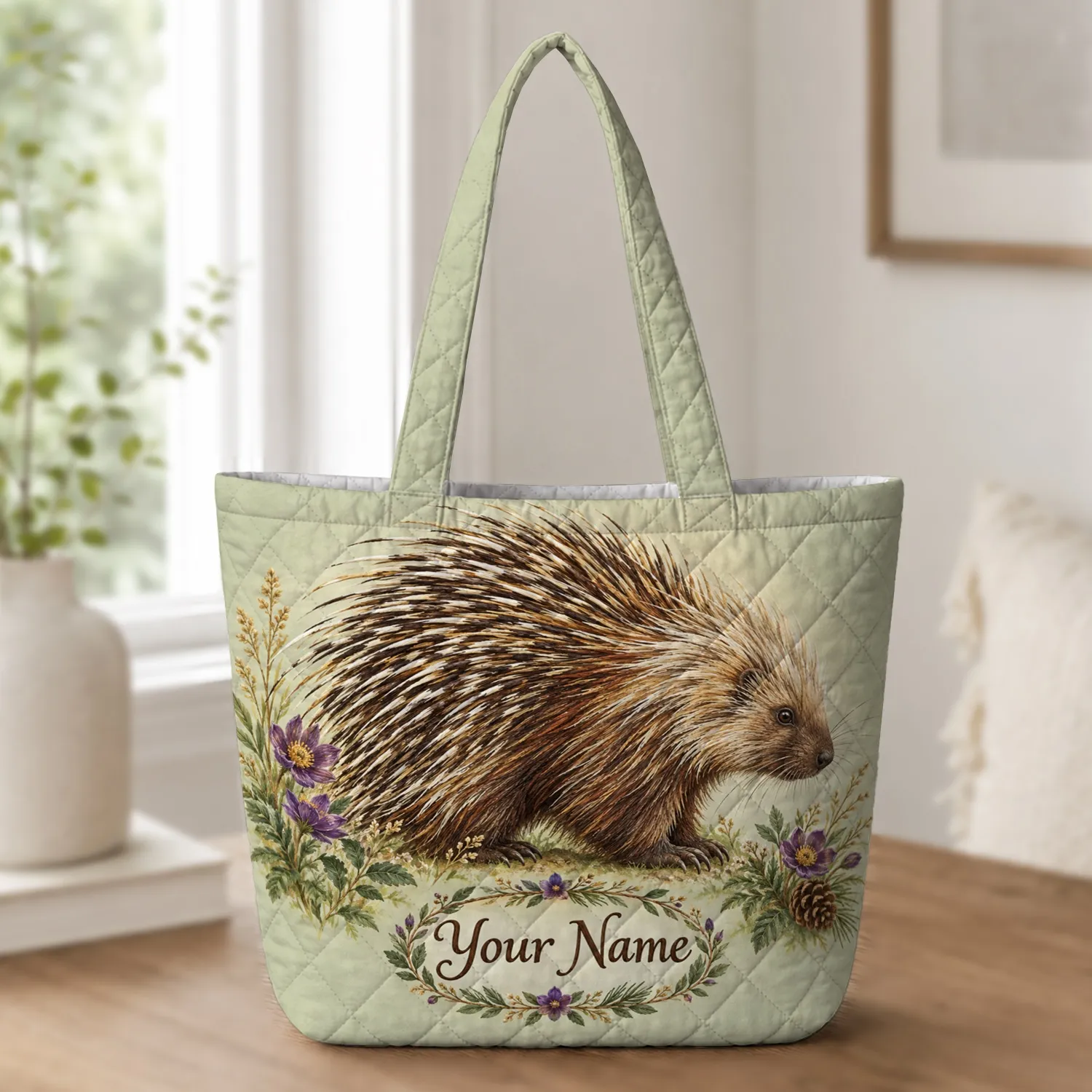 Rustic Porcupine Woodland Blooms for Cozy Cottage Living and Nature Lover Gift Giving Quilted Tote Bag - 1