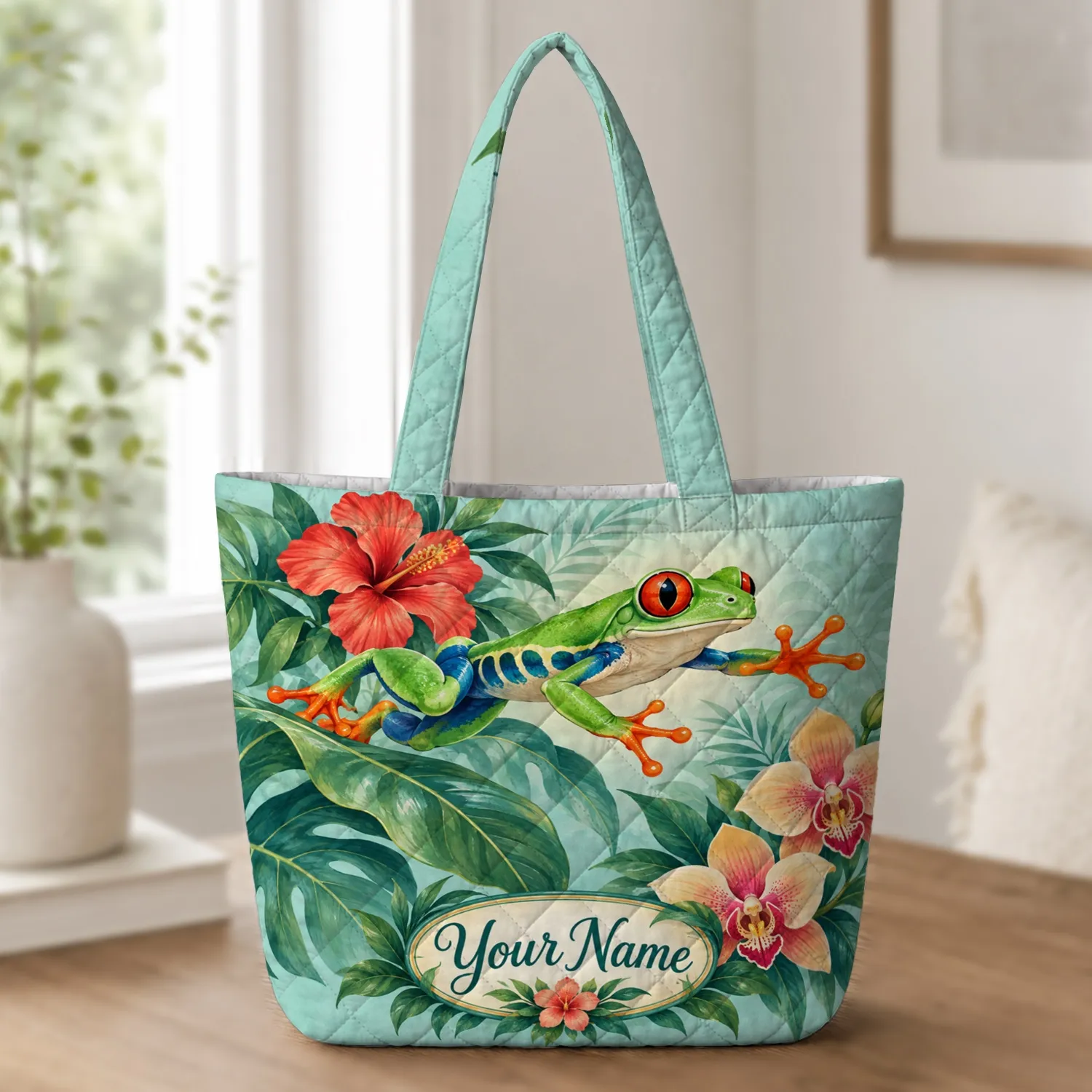 Red-Eyed Tree Frog with Tropical Blooms for Rainforest Market Days and Nature Lovers Quilted Tote Bag - 1