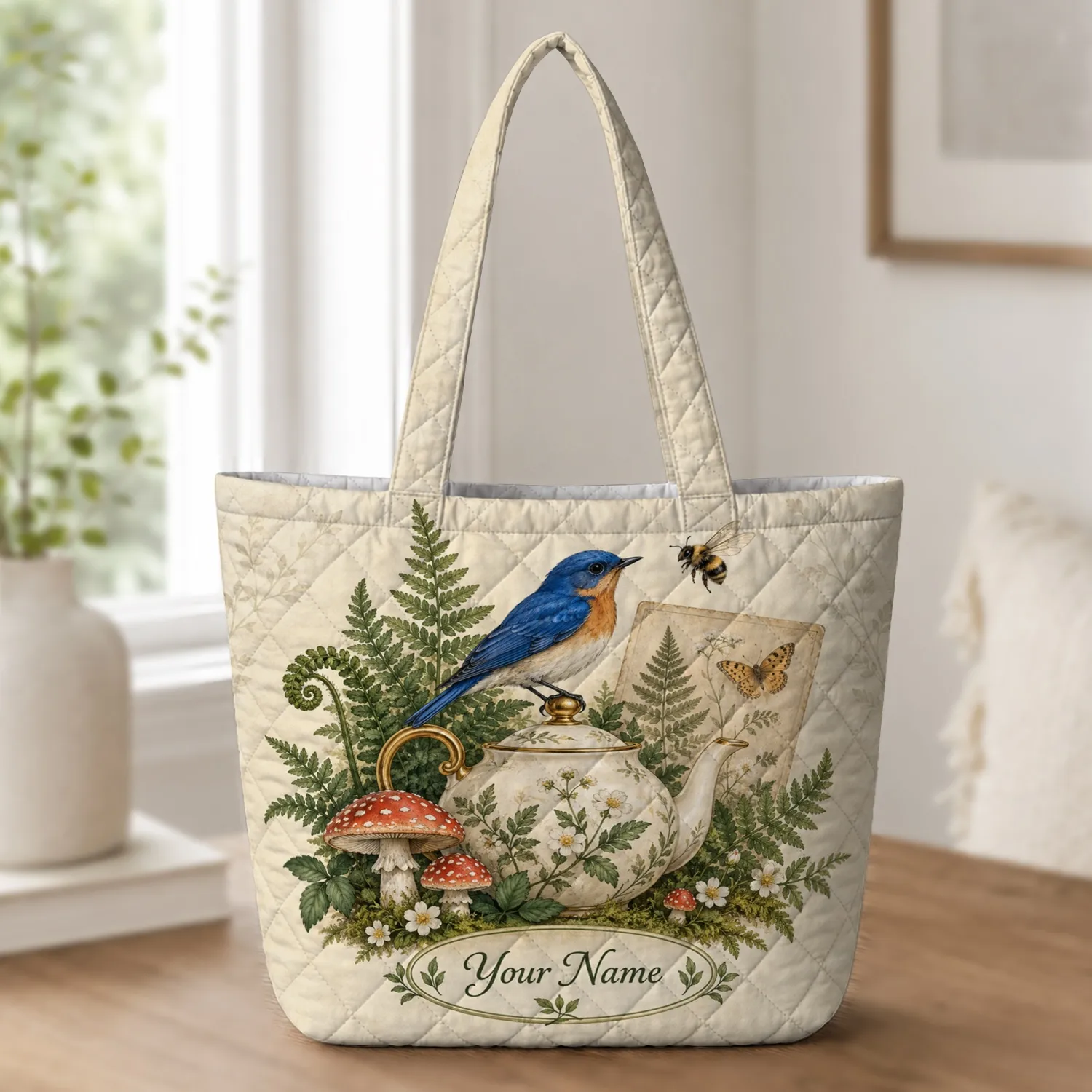 Vintage Botanical Bee, Mushroom and Teapot Garden Keepsake for Cottagecore Nature Lovers Quilted Tote Bag - 1