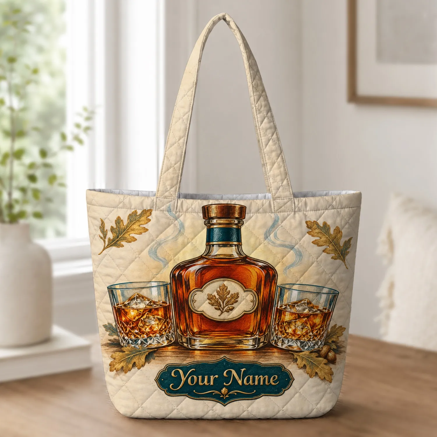 Rustic Bourbon Whiskey Bottle and Rocks Glasses for Home Bar Entertaining Gift for Him Quilted Tote Bag - 1