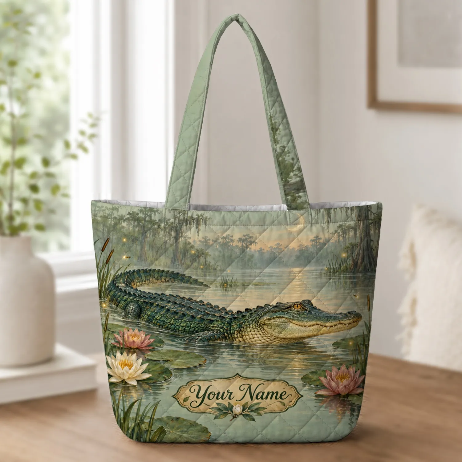 Crescent Moon Alligator Bayou Scene for Southern Nature Lovers and Swamp Fans Quilted Tote Bag - 1