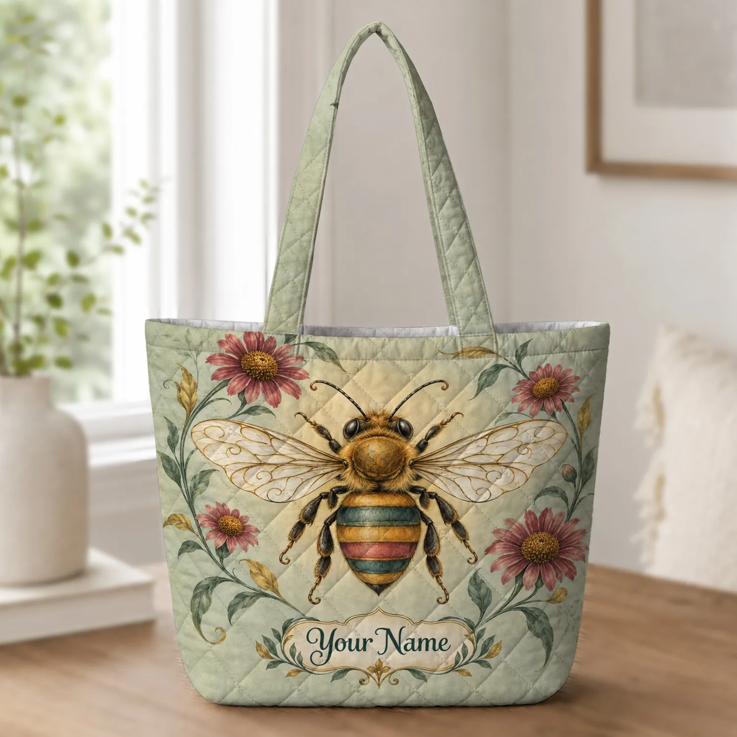 Art Nouveau Honeybee and Botanical Motif for Cottagecore Nature Lovers and Gardeners Quilted Tote Bag - 1