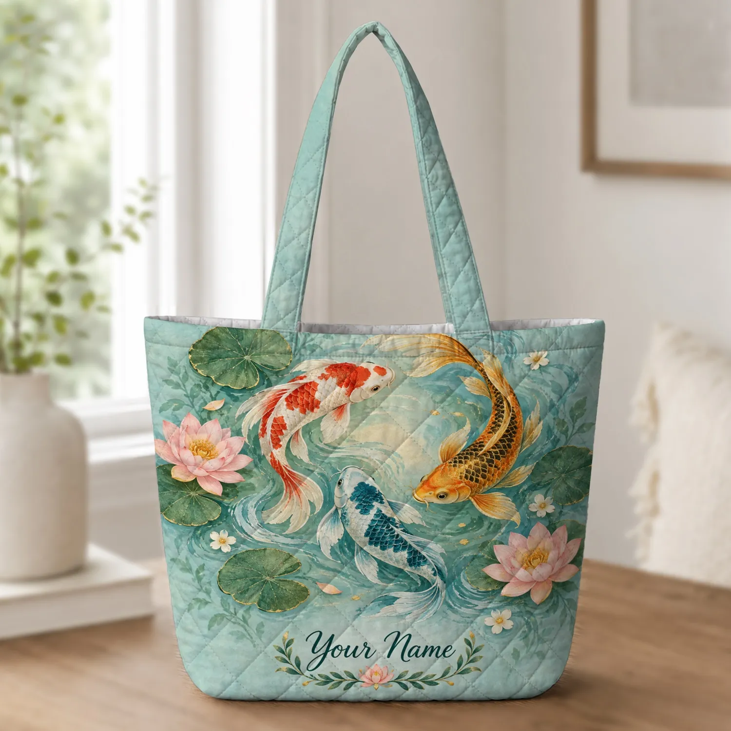 Colorful Koi Carp And Lotus Pond Keepsake For Calm Garden Days And Nature Lovers Gift Quilted Tote Bag - 1