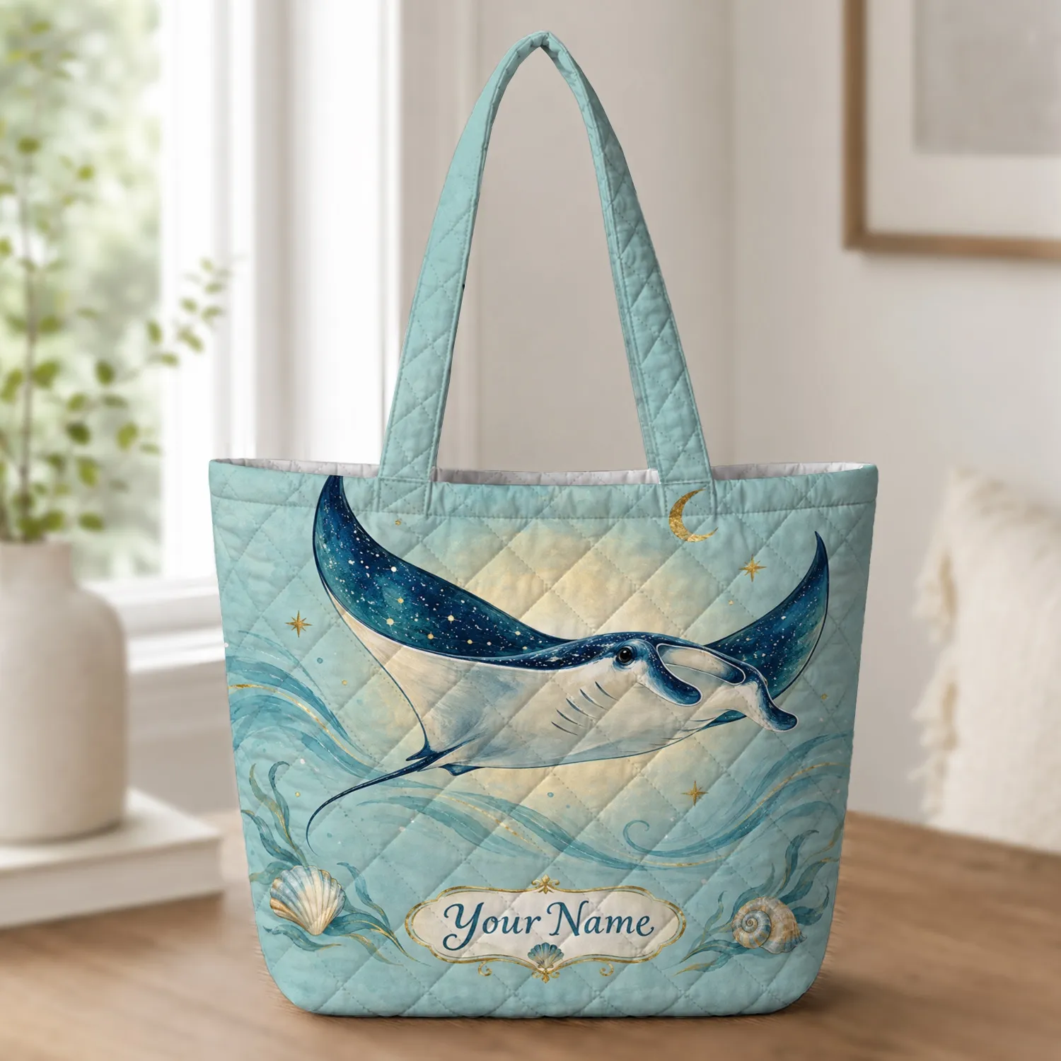 Celestial Manta Ray Beneath Starry Seas for Coastal Getaways and Ocean Lovers Gifts Quilted Tote Bag - 1
