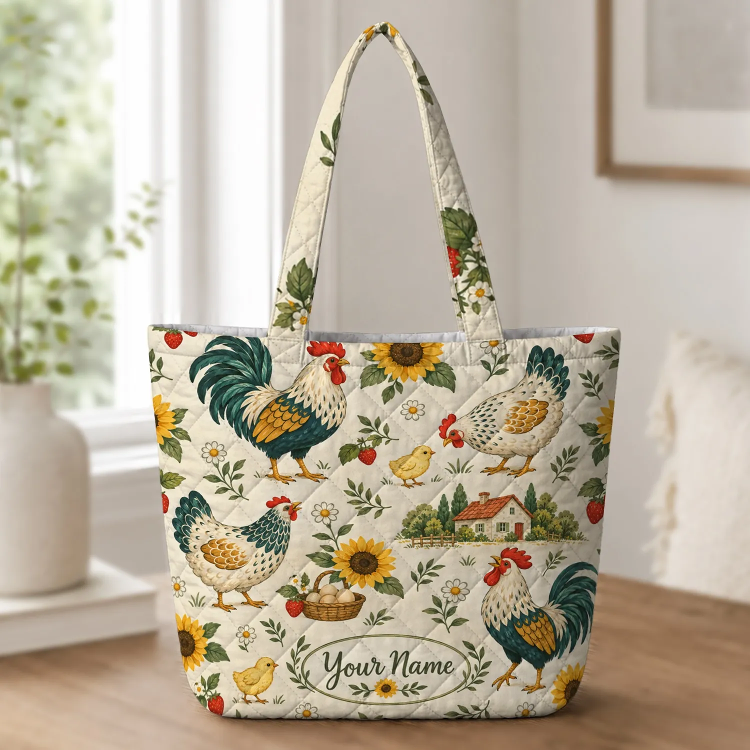 Farmhouse Hens, Sunflowers & Strawberries for Country Kitchen and Market Day Gifting Quilted Tote Bag - 1