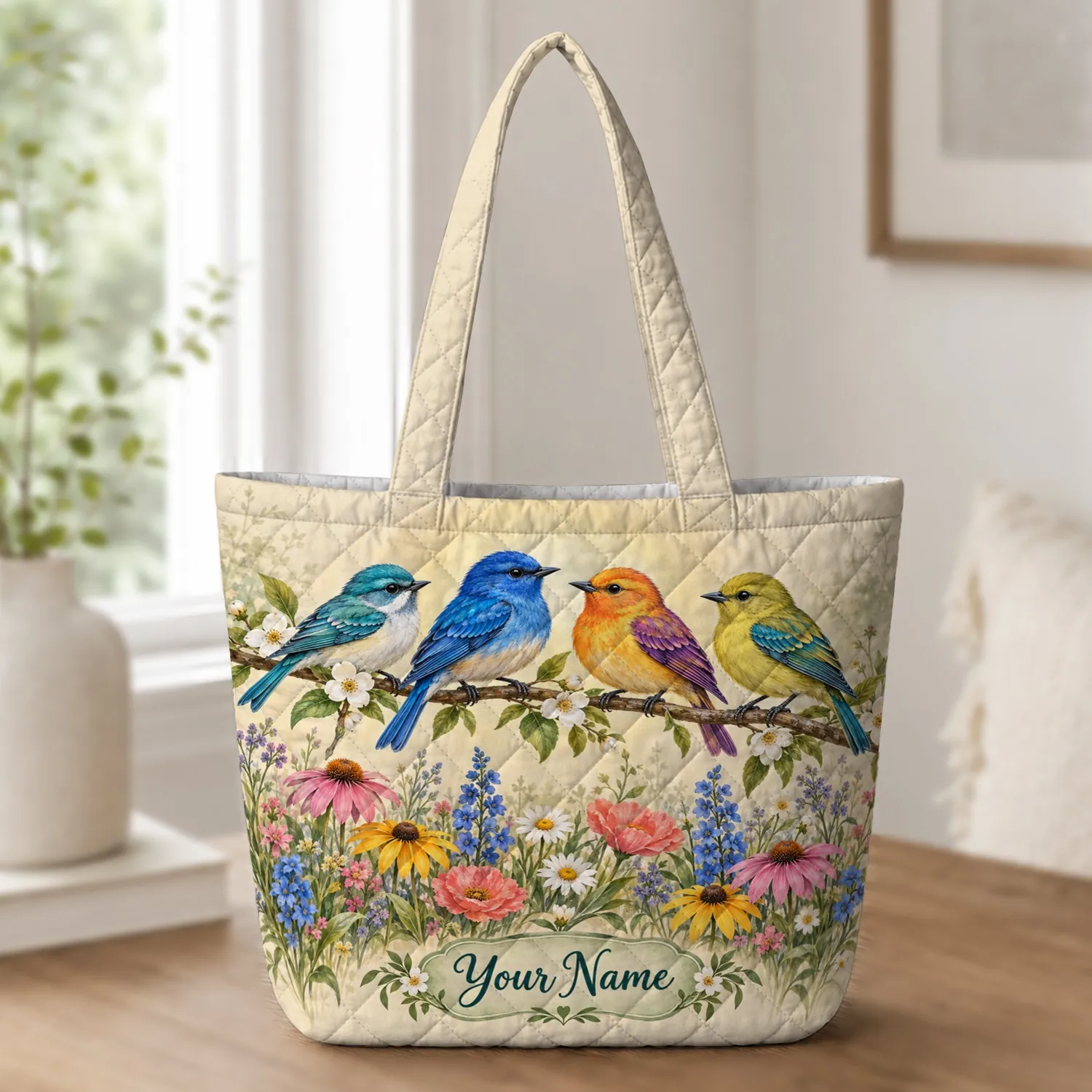 Colorful Songbirds and Wildflowers for Spring Garden Lovers and Birdwatchers Quilted Tote Bag - 1