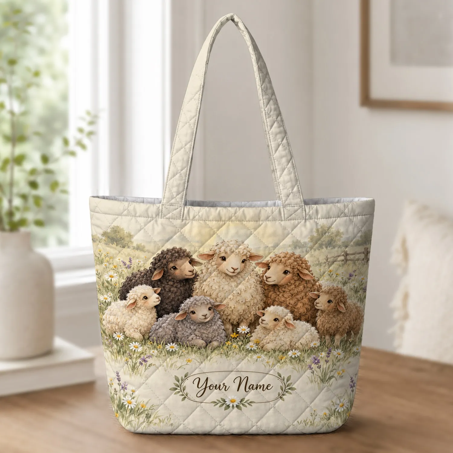 Sheep Meadow Floral Flock for Cottagecore Garden Outings and Nature-Loving Friends Quilted Tote Bag - 1