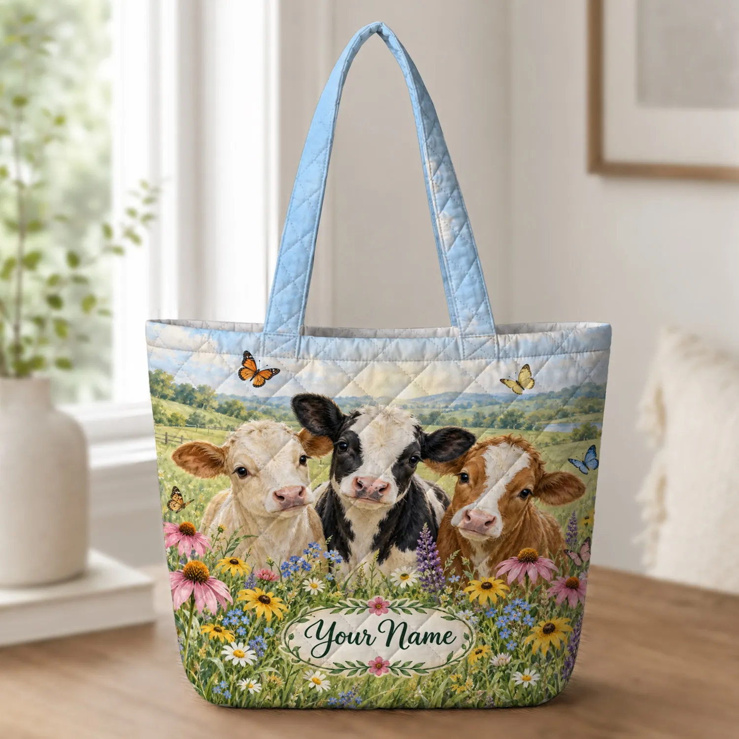 Three Calves in Wildflower Meadow with Butterflies for Spring Farmhouse Gift Lovers Quilted Tote Bag - 1