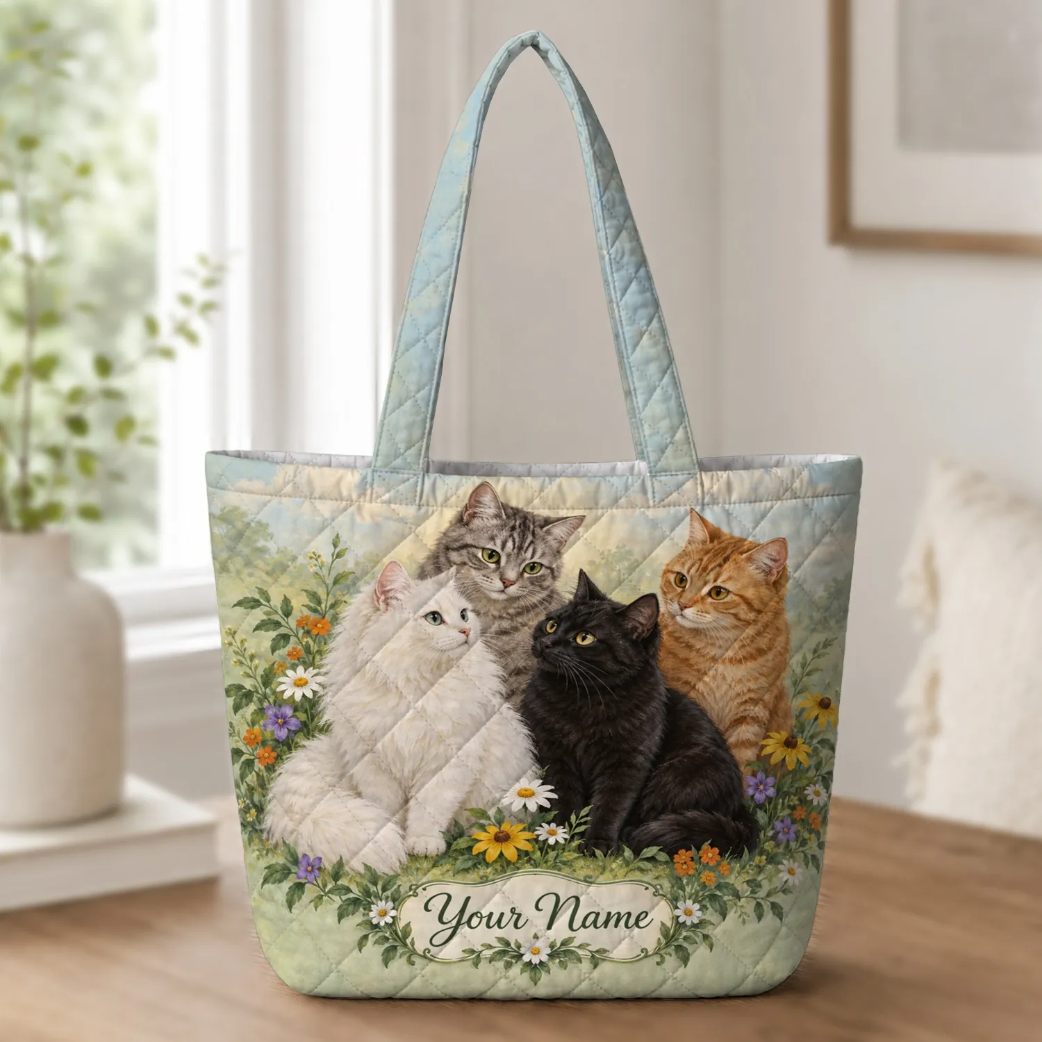 Colorful Garden Cats for Cat Lovers, Whimsical Wildflower Companion Gift Quilted Tote Bag - 1
