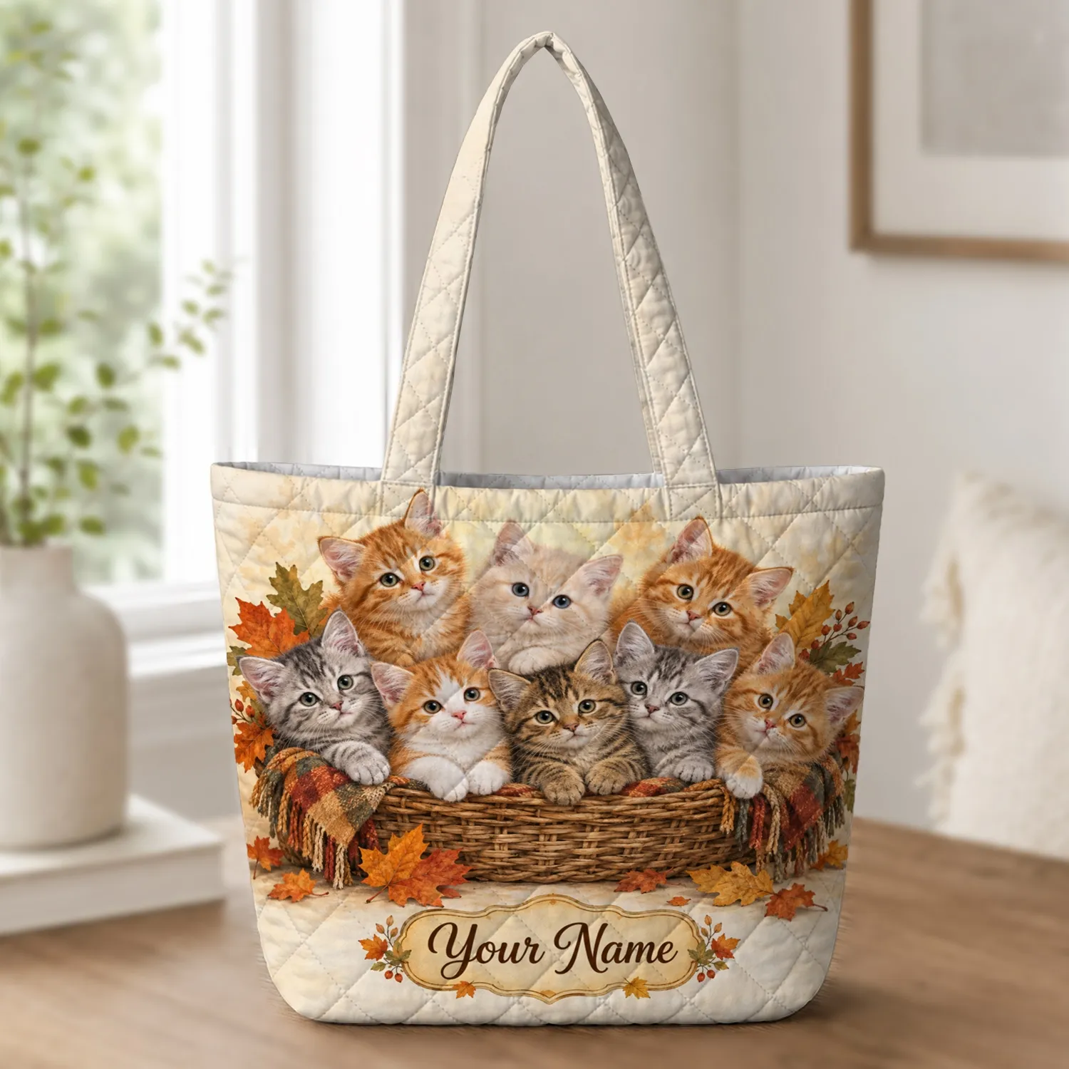 Autumn Kittens in a Woven Basket for Cozy Fall Cat Lovers and Seasonal Gift Giving Quilted Tote Bag - 1