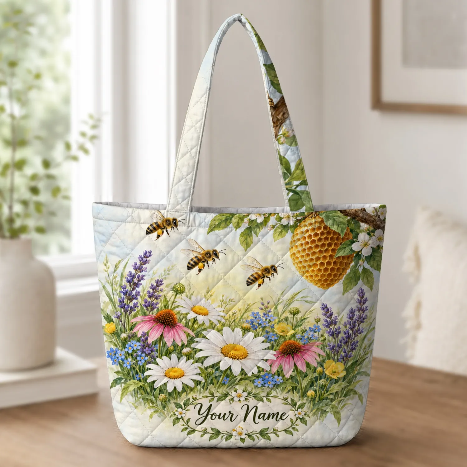Wildflower Bees And Golden Beehive For Garden Walks And Nature-Loving Gift Givers Quilted Tote Bag - 1