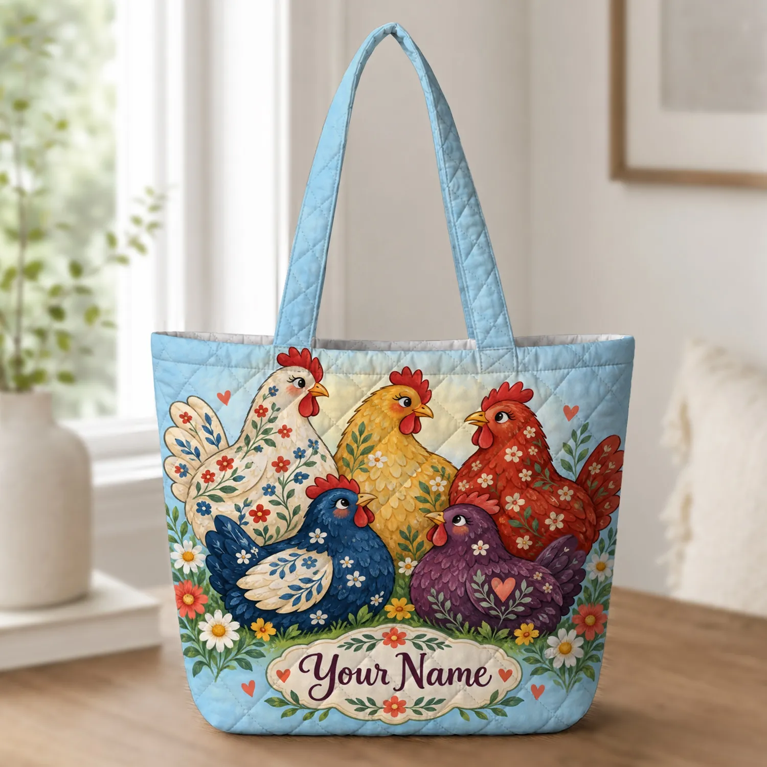 Colorful Floral Hen Garden for Farmhouse Market Days and Everyday Errands, Gift for Her Quilted Tote Bag - 1
