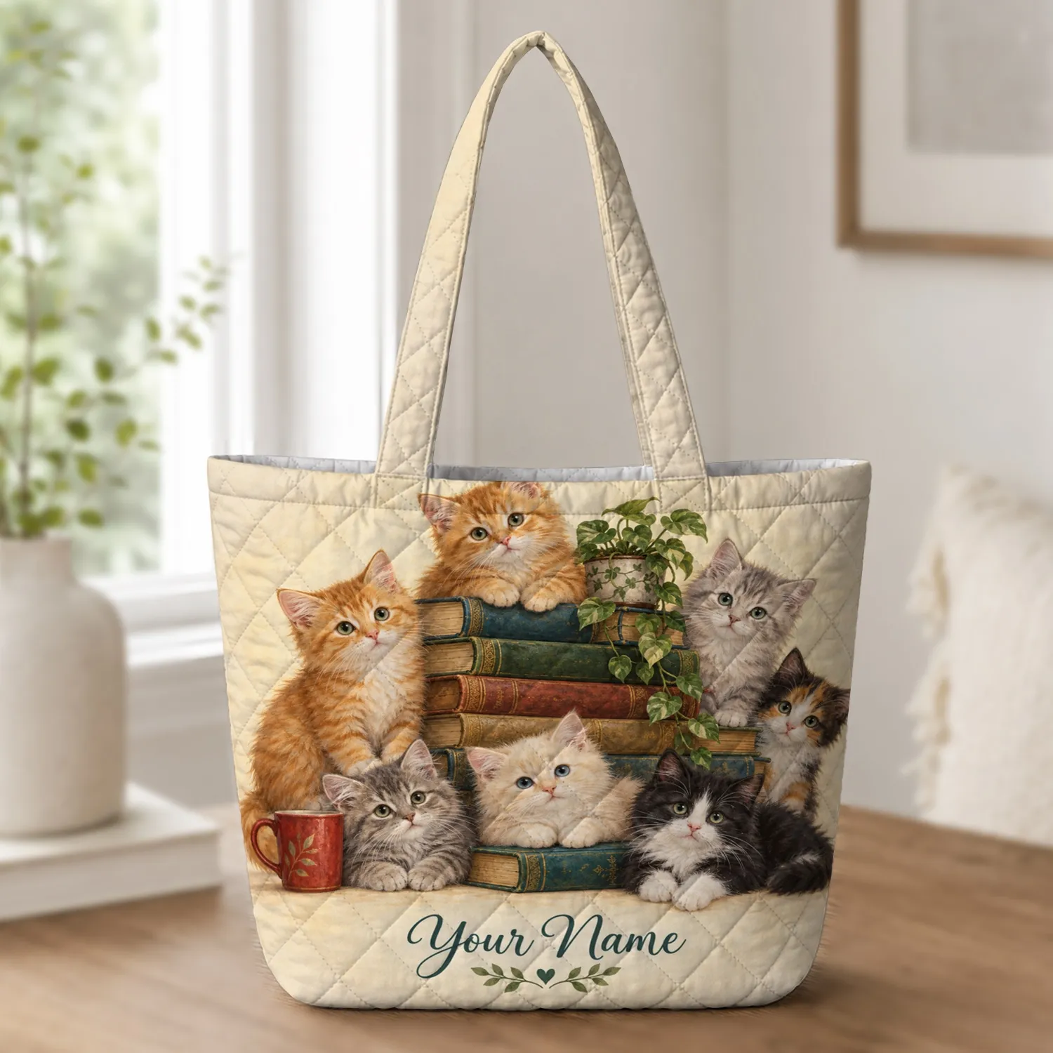 Ginger and Tabby Kittens Reading Among Books for Cozy Library Lovers and Cat Moms Gift for Her Quilted Tote Bag - 1