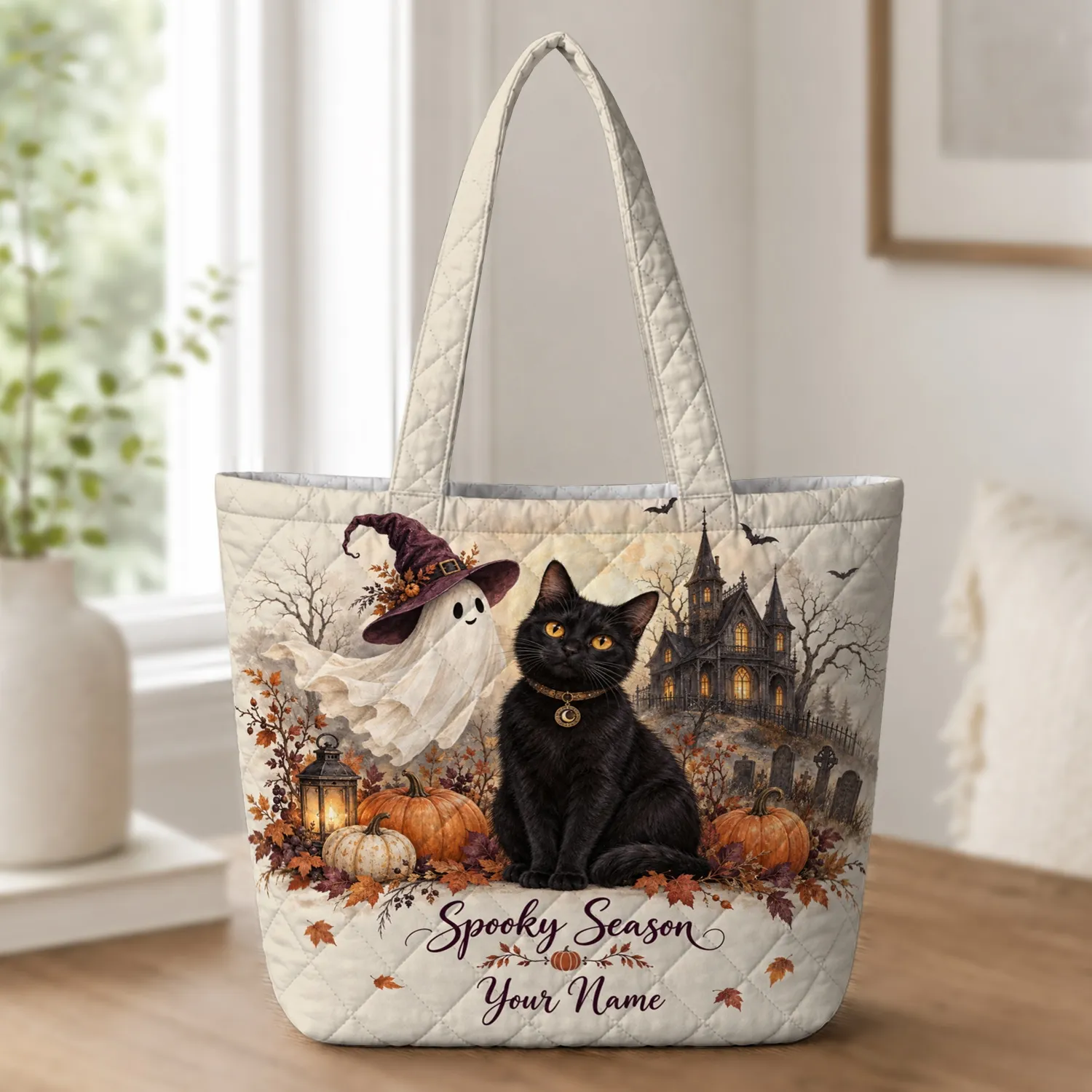 Ghost, Black Cat & Haunted House Halloween Scene for Autumn Nights and Gift Giving Quilted Tote Bag - 1