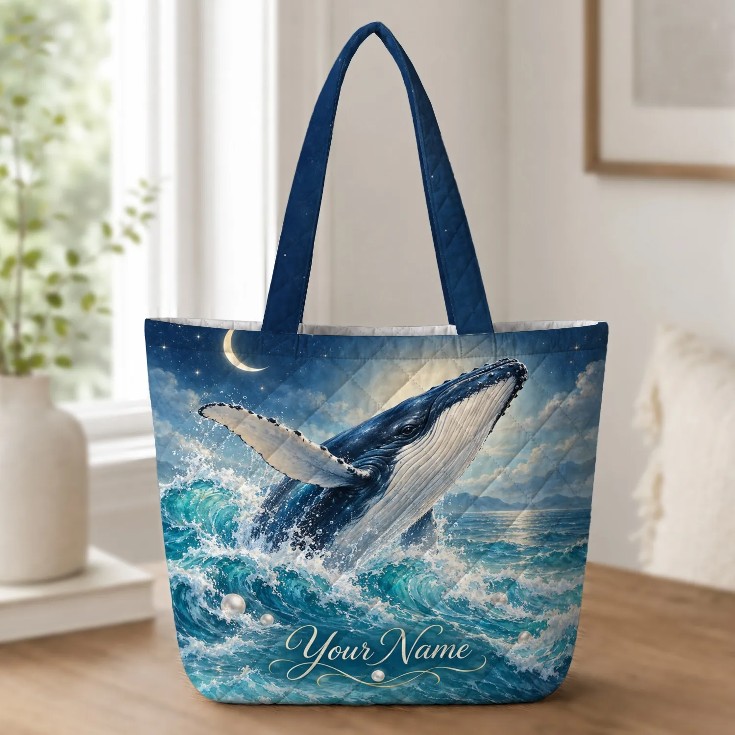 Moonlit Whale and Pearl Ocean Scene for Coastal Beach Days and Seaside Getaways Quilted Tote Bag - 1