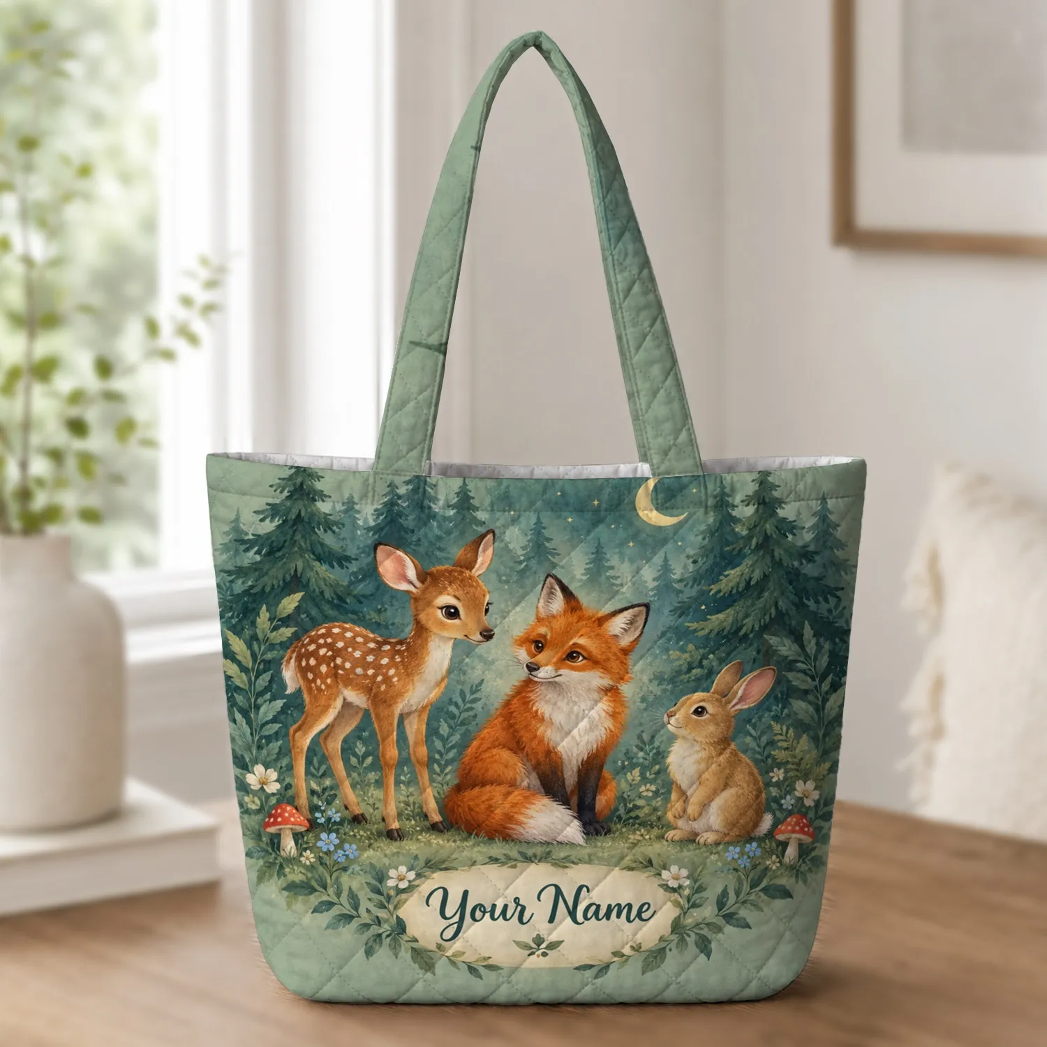 Woodland Deer Fox Bunny Moonlight Wildflowers for Nature Lovers Quilted Tote Bag - 1