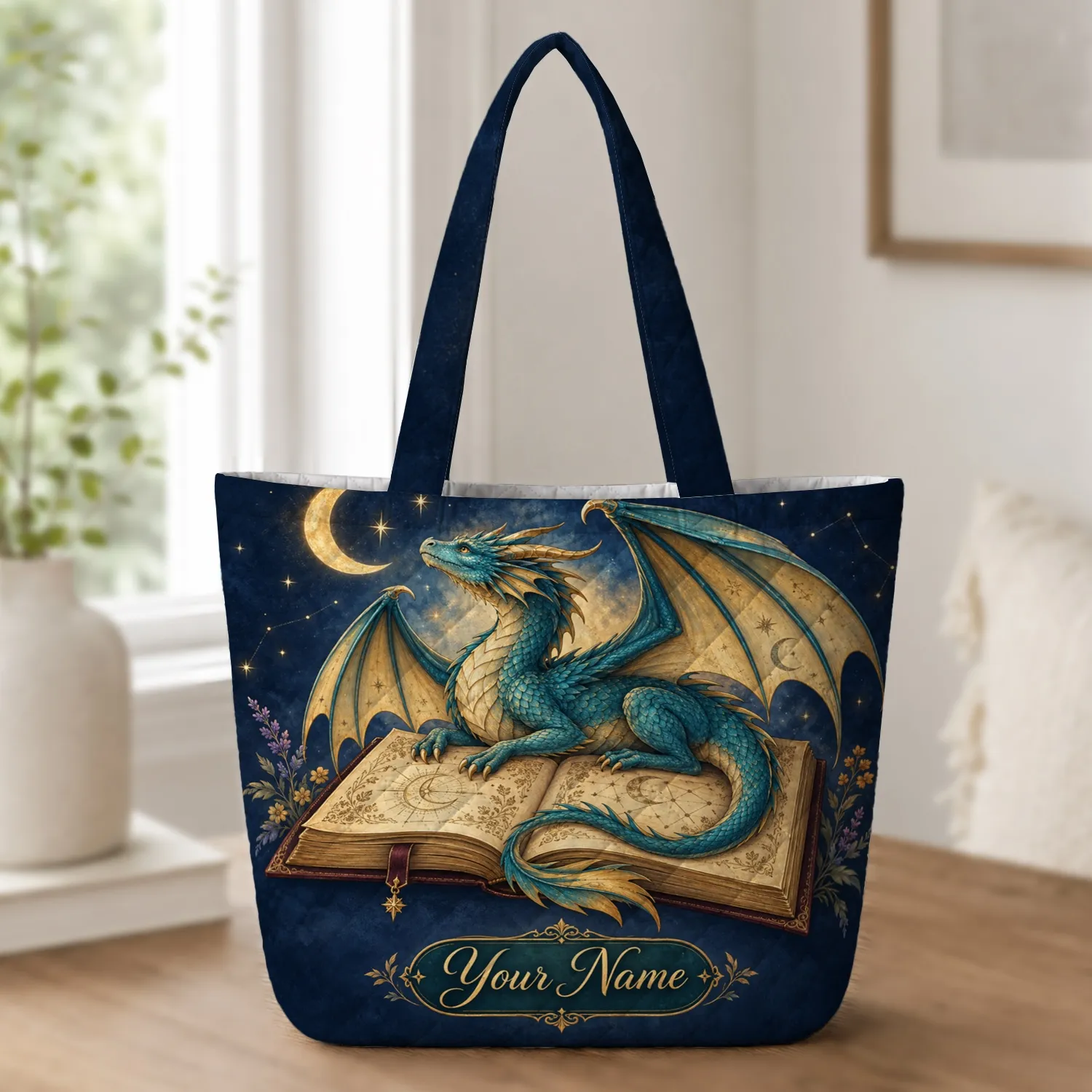 Celestial Dragon And Open Book Gift For Fantasy Readers And Midnight Story Lovers Quilted Tote Bag - 1