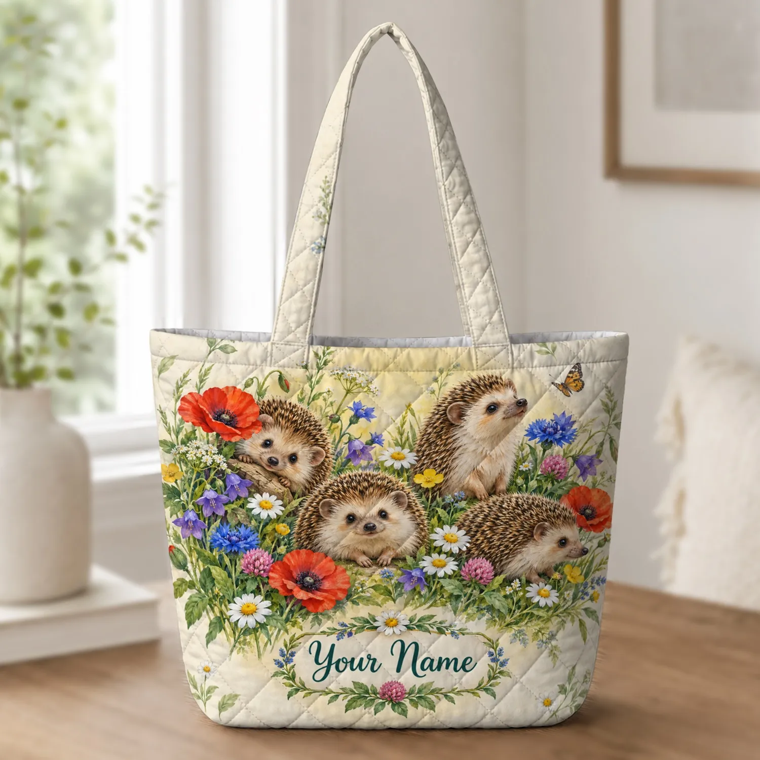 Colorful Hedgehog Wildflower Meadow Gift for Garden Lovers and Nature Loving Friends Quilted Tote Bag - 1