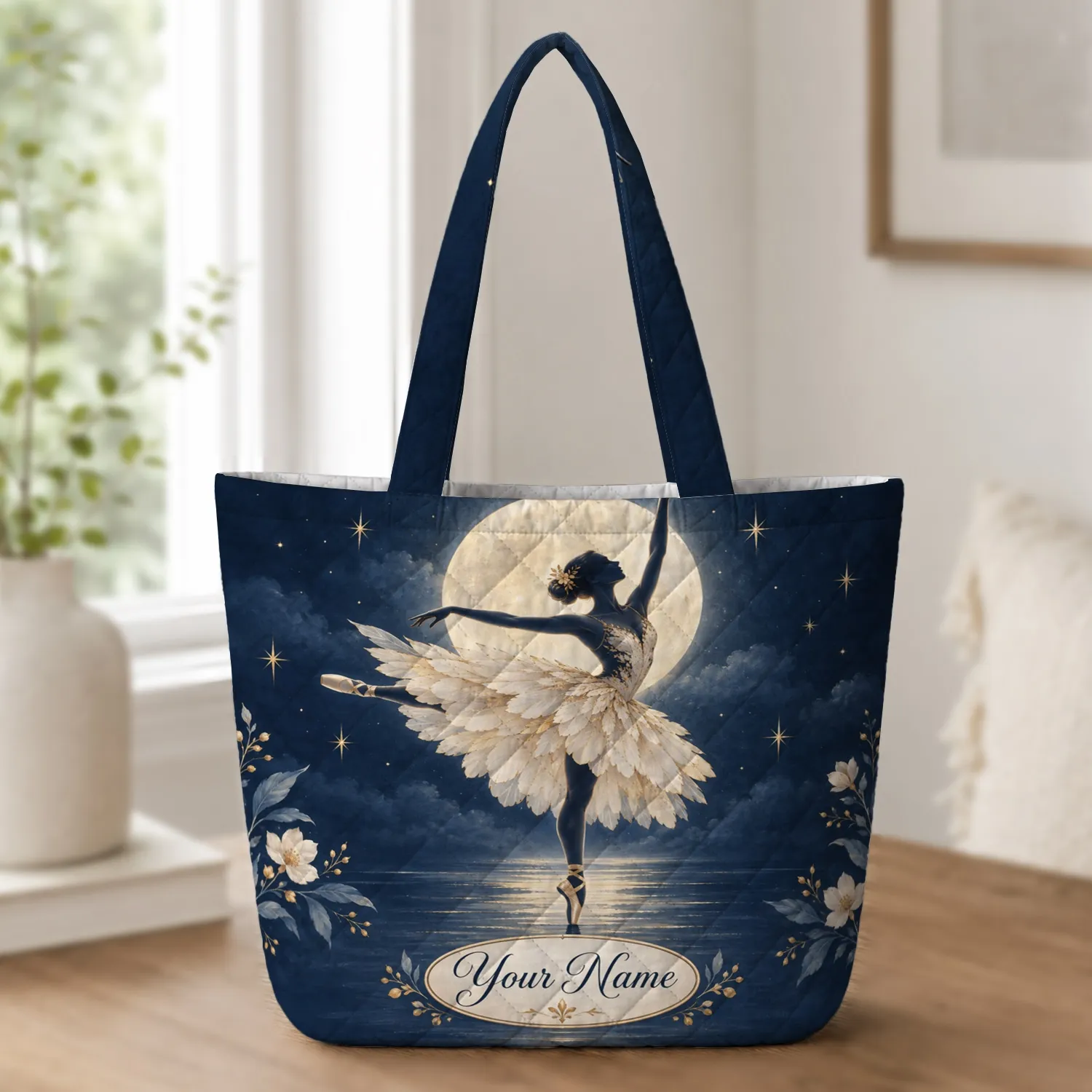 Moonlit Ballerina with Celestial Blooms for Dance Recitals and Ballet Lover Gifts Quilted Tote Bag - 1