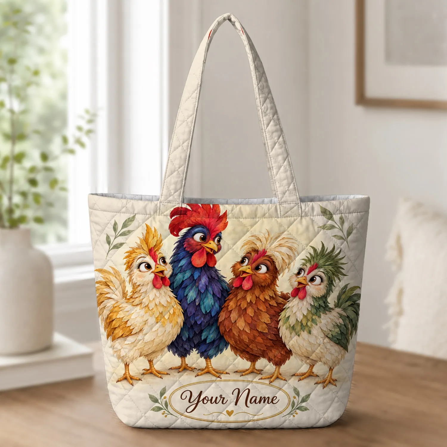 Whimsical Four Chicken Farmhouse Scene for Country Living and Farmhouse Fans Quilted Tote Bag - 1