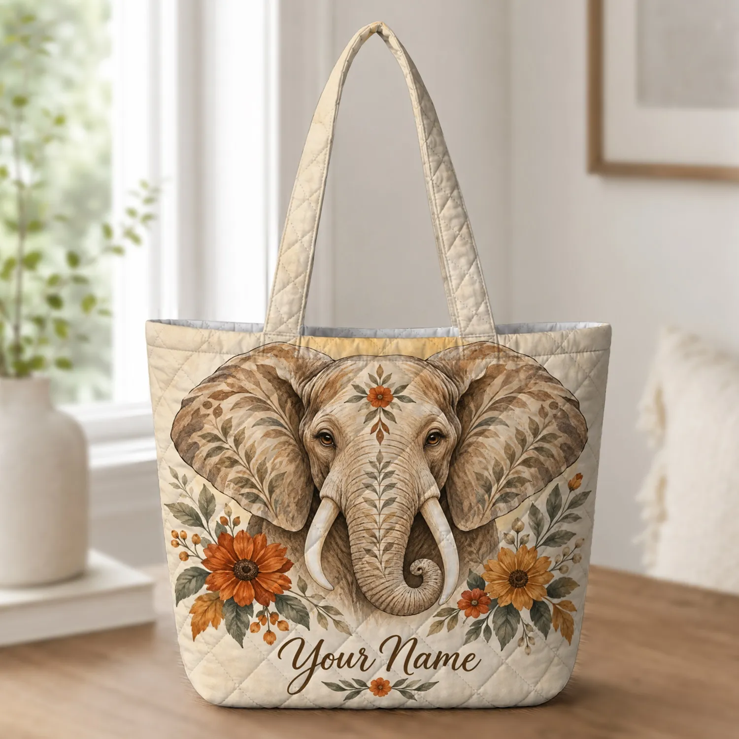 Floral Elephant with Autumn Botanicals for Safari Lovers and Nature Gifts Quilted Tote Bag - 1