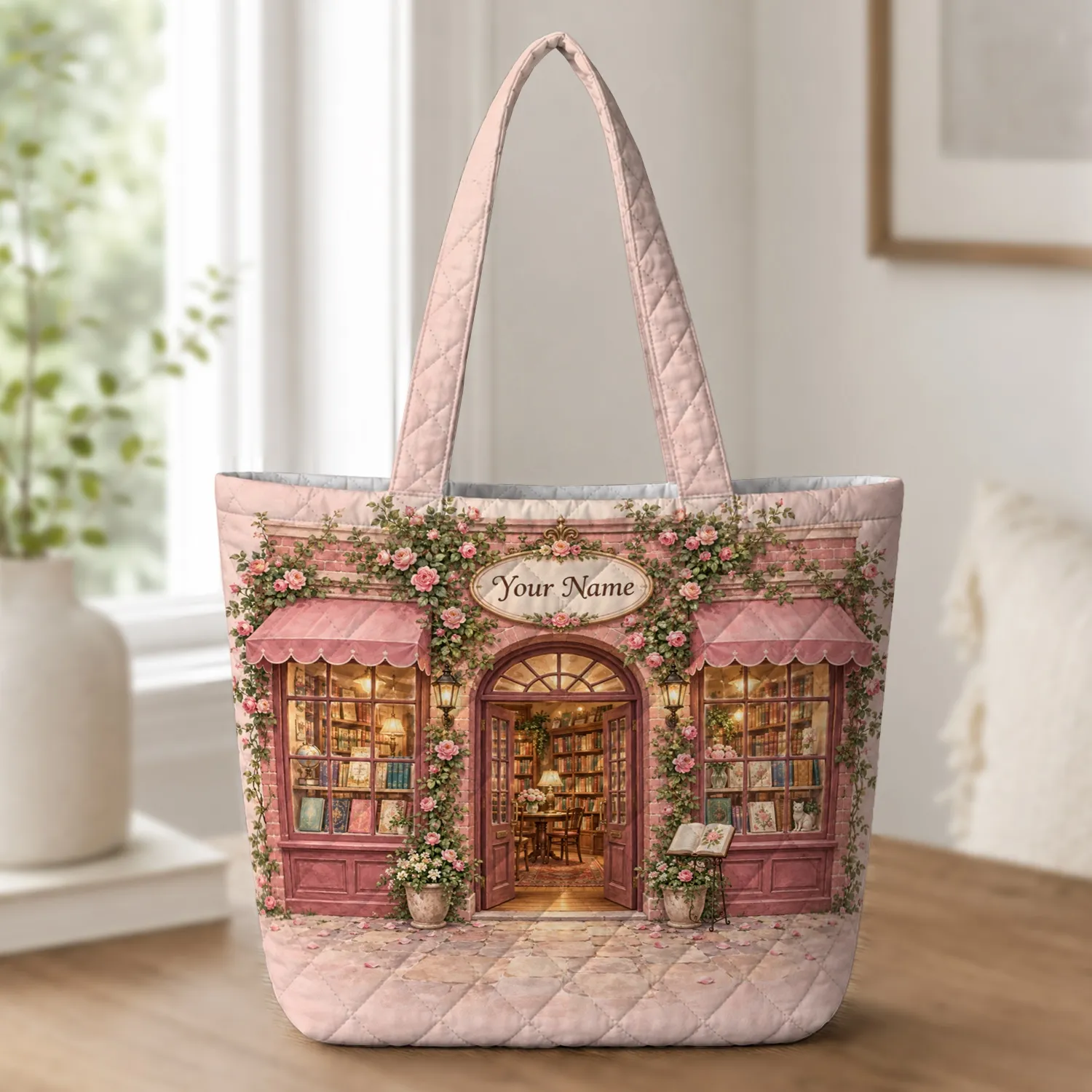 Rose-Covered Bookshop Cottagecore Scene for Cozy Reading Days and Book Lover Gifts Quilted Tote Bag - 1