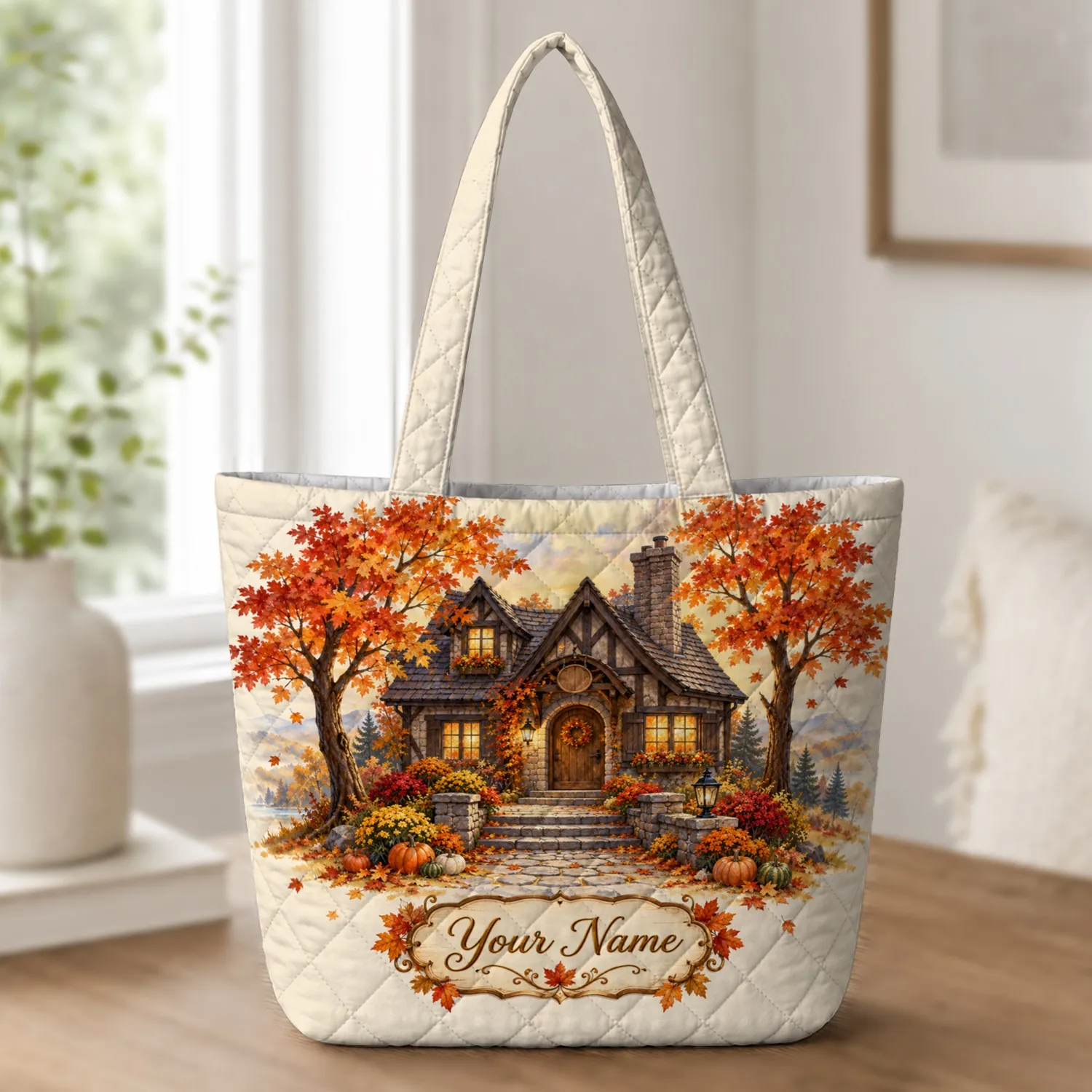 Autumn Cottage, Pumpkins and Maple Leaves for Cozy Fall Housewarming Gifts for Women Quilted Tote Bag - 1