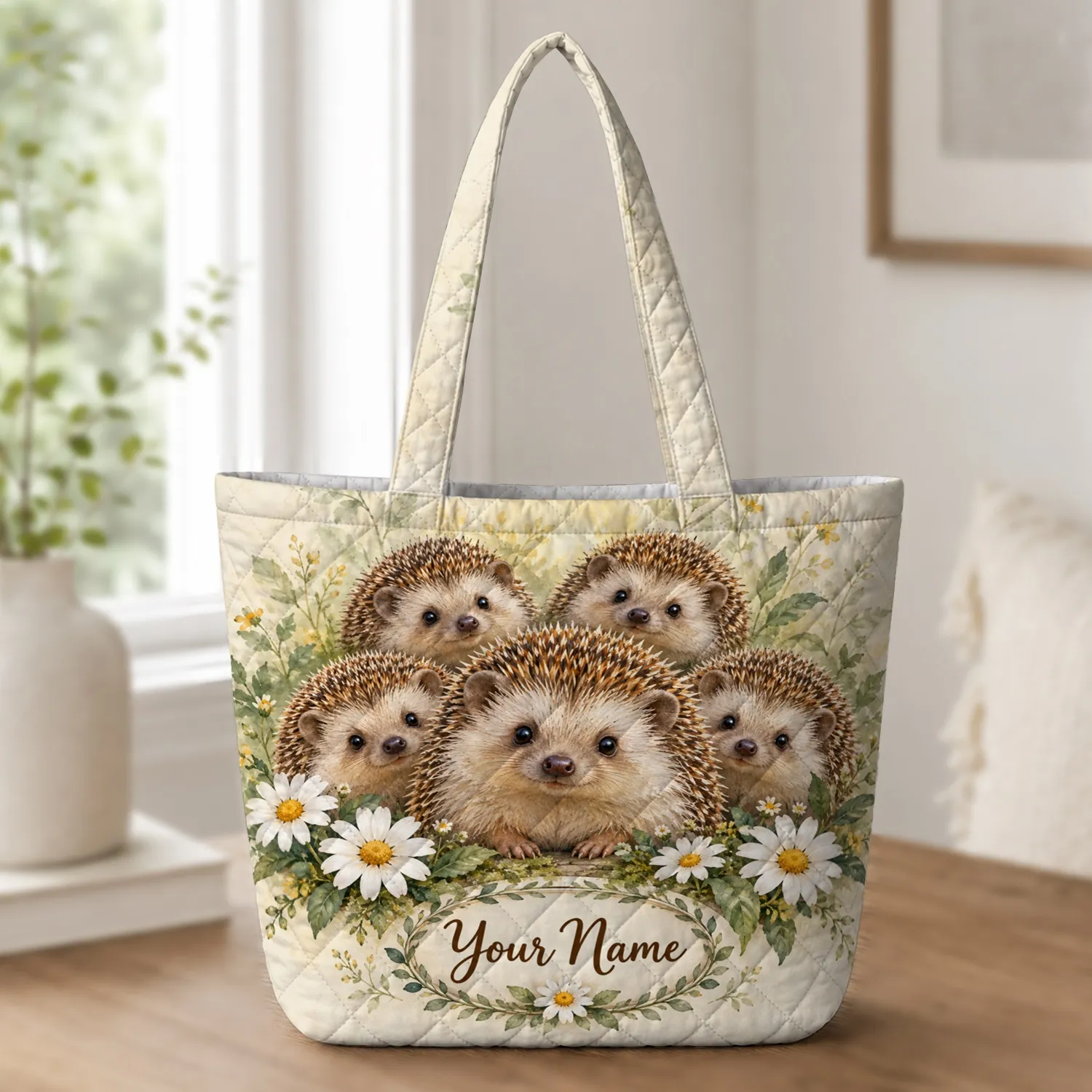 Woodland Hedgehog Family with Daisies for Cozy Laundry Day and Kids Room Decor Quilted Tote Bag - 1