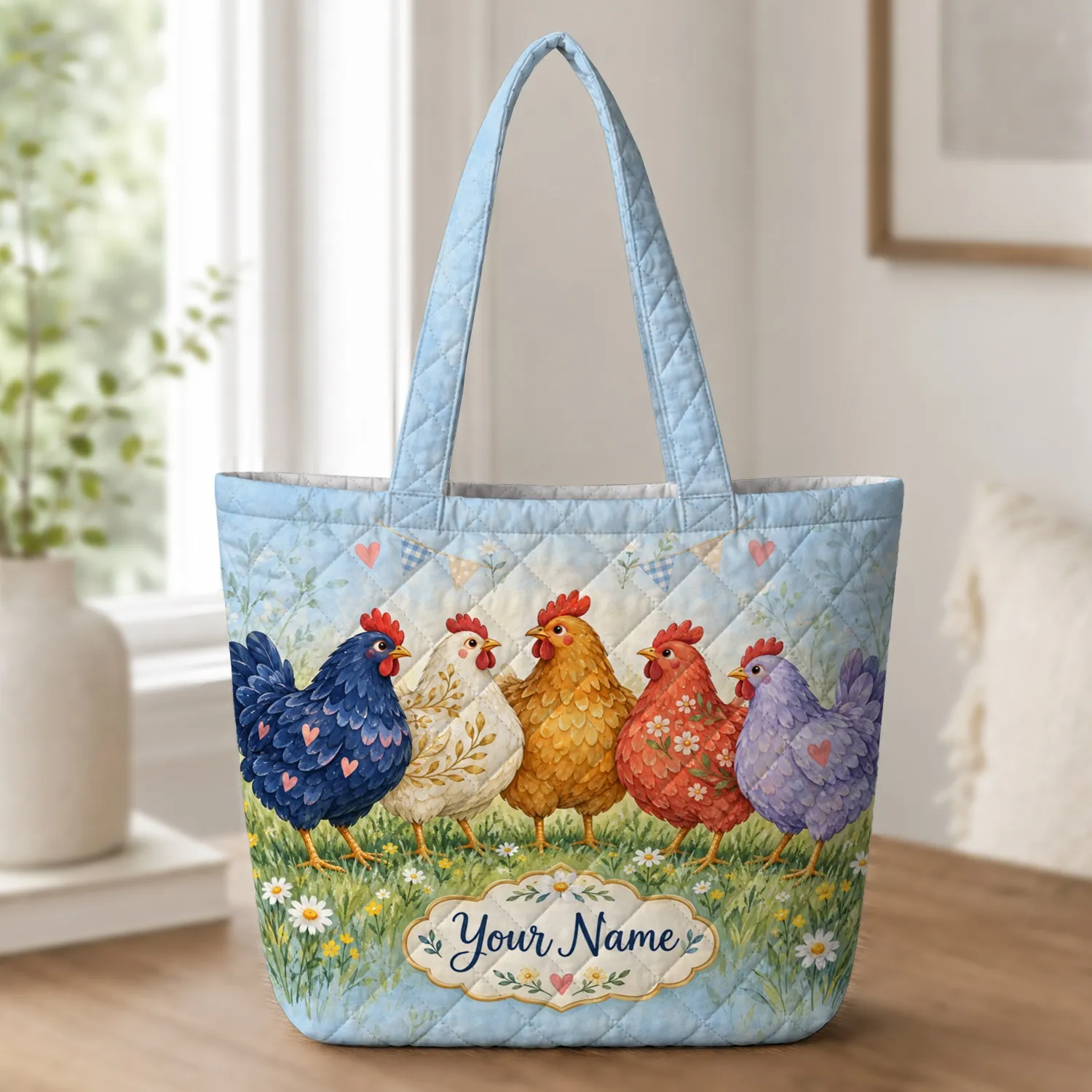 Colorful Farm Hens for Cheerful Country Home Living and Farmhouse Gifts Quilted Tote Bag - 1