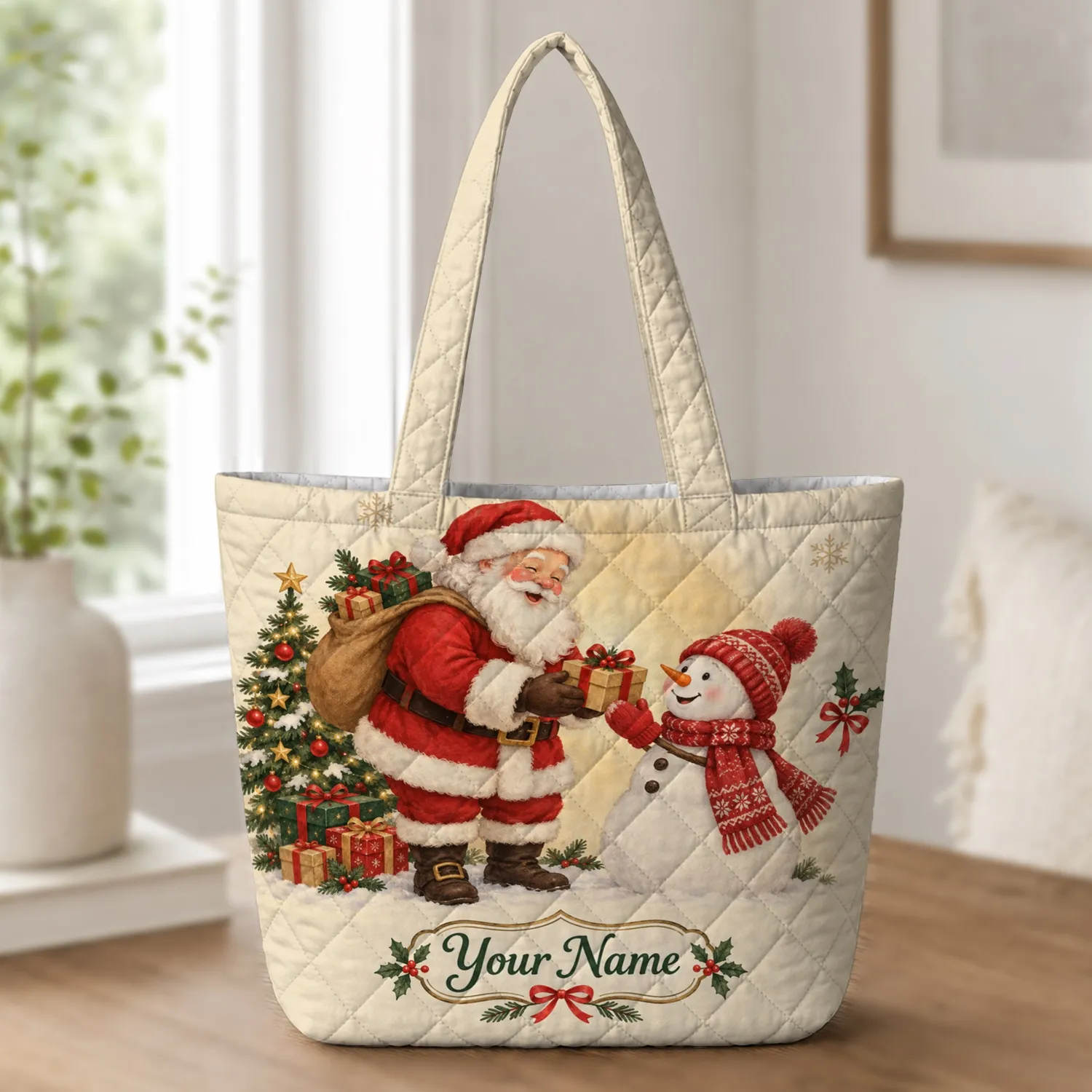 Santa Snowman Christmas Scene for Cozy Holiday Gifting and Winter Cheer Quilted Tote Bag - 1