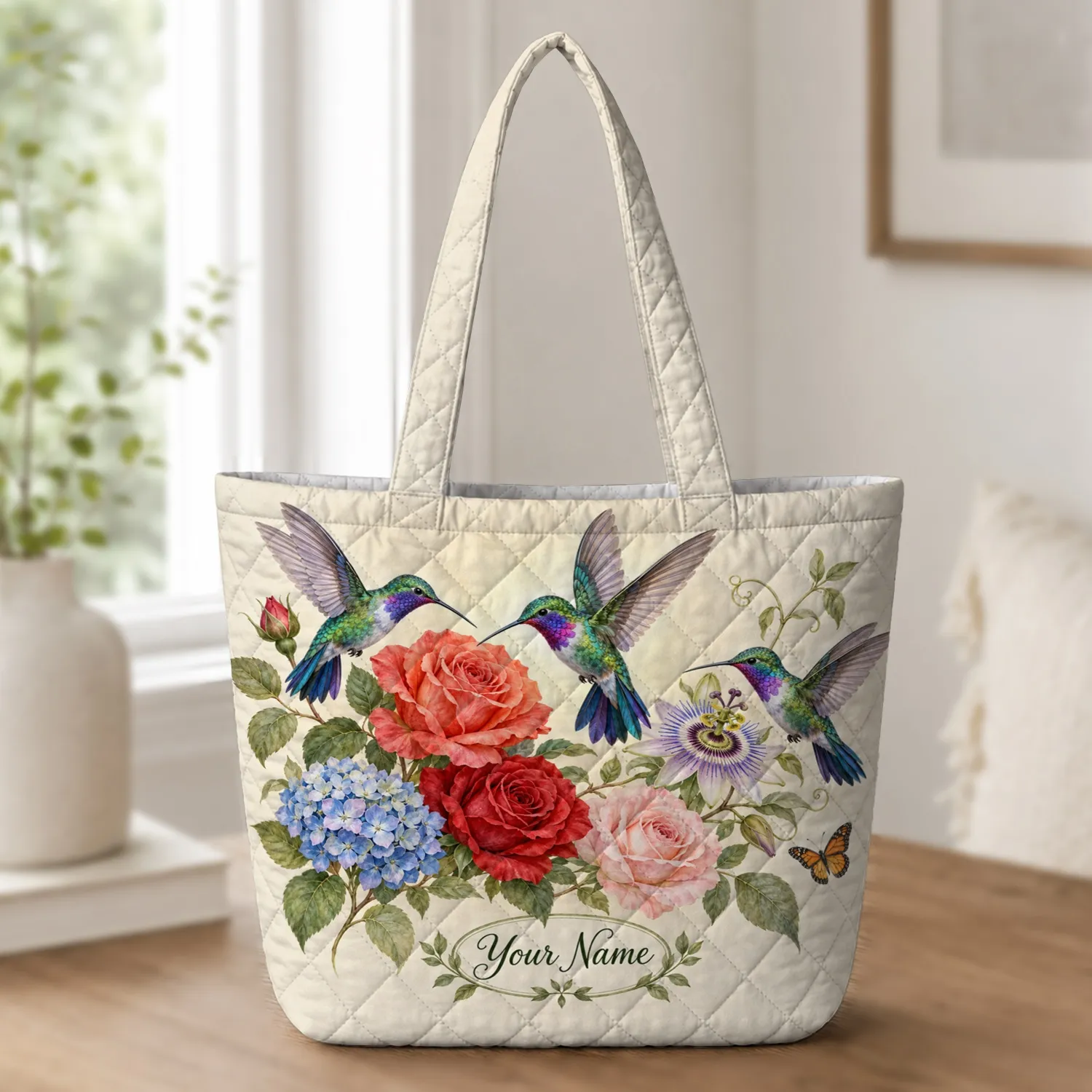 Vibrant Hummingbirds and Cottage Roses for a Charming Cottagecore Home Gift Quilted Tote Bag - 1