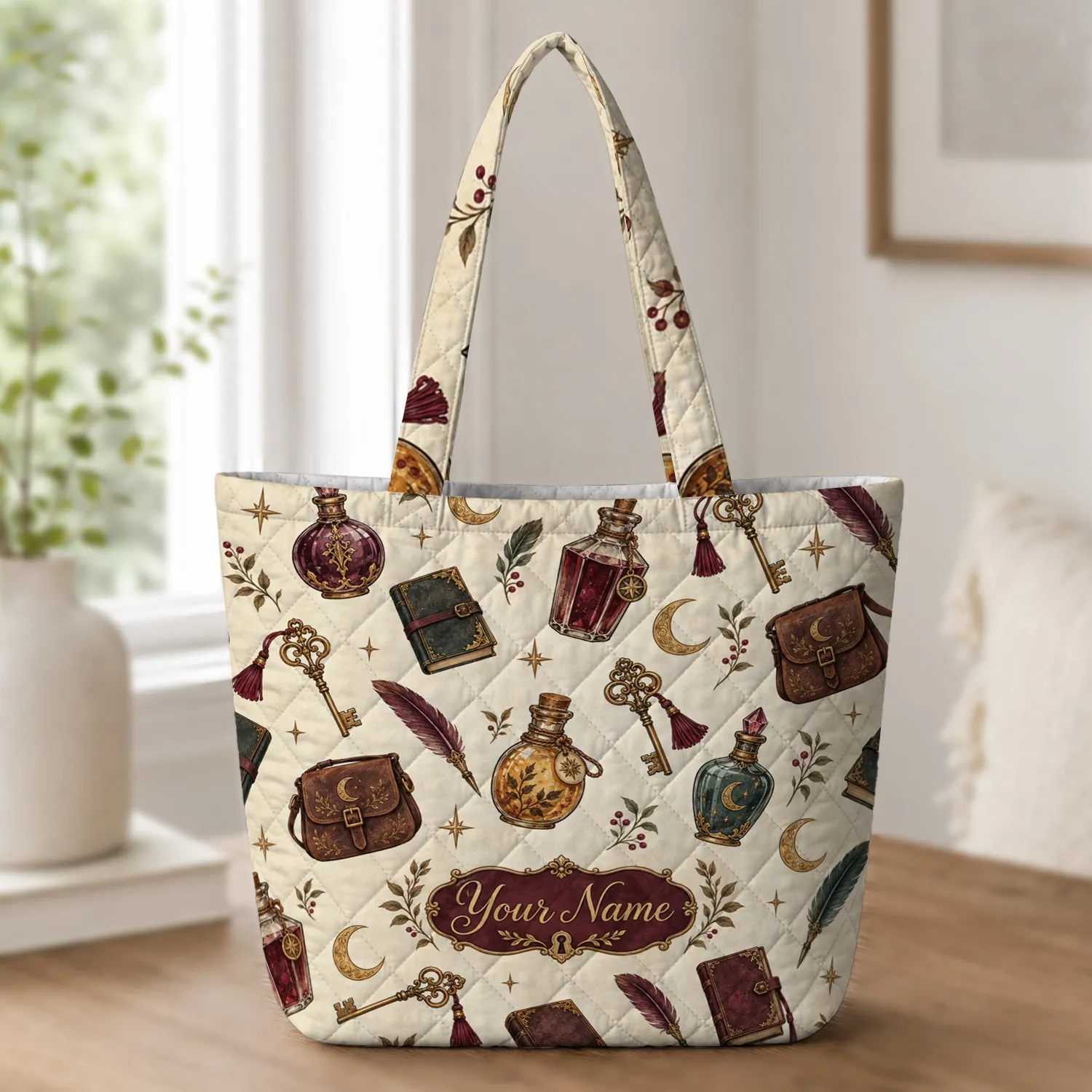 Vintage Magical Trinkets and Potion Bottles for Cozy Holiday Style and Book Lovers Quilted Tote Bag - 1