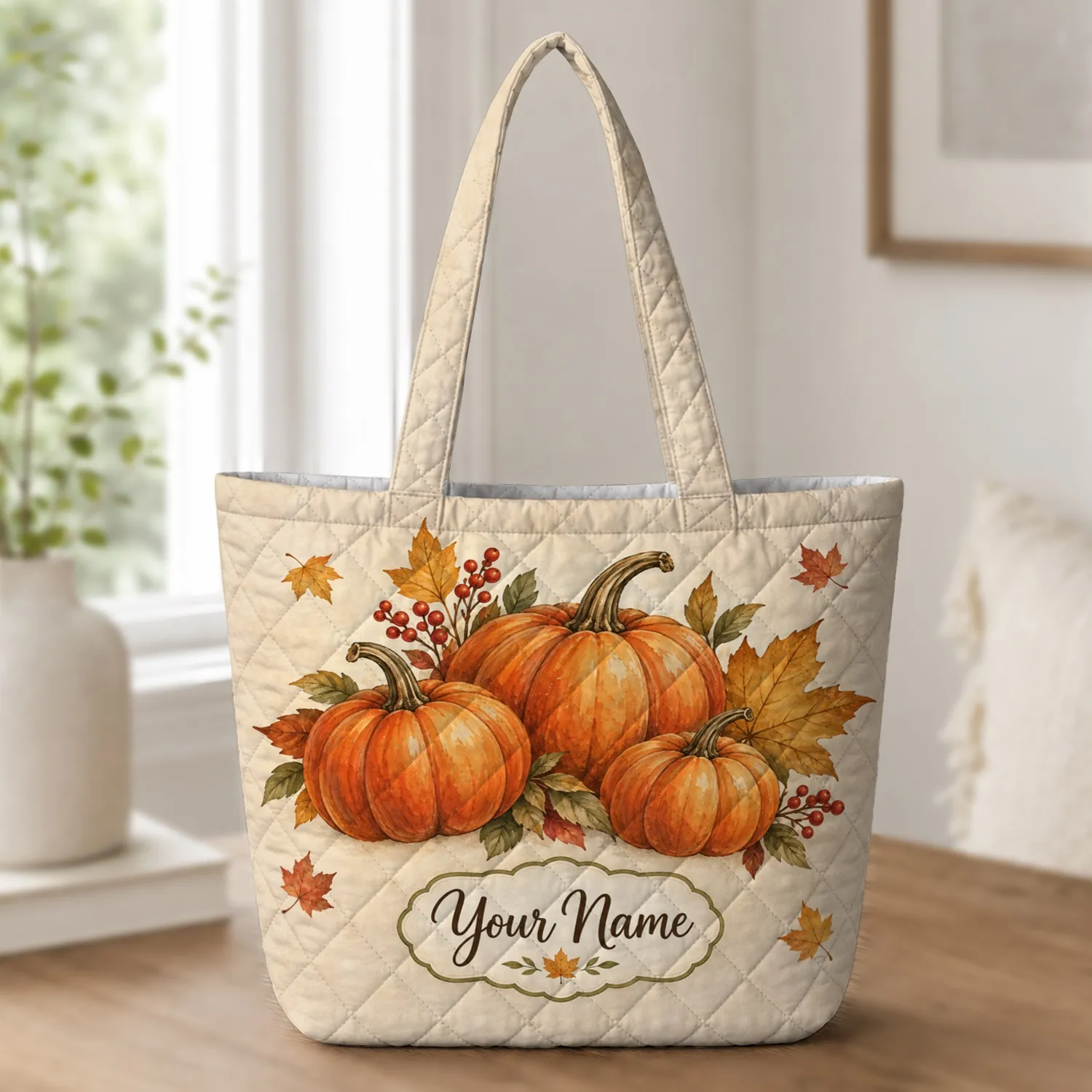 Autumn Pumpkin and Maple Leaves for Cozy Fall Outings and Seasonal Style Quilted Tote Bag - 1