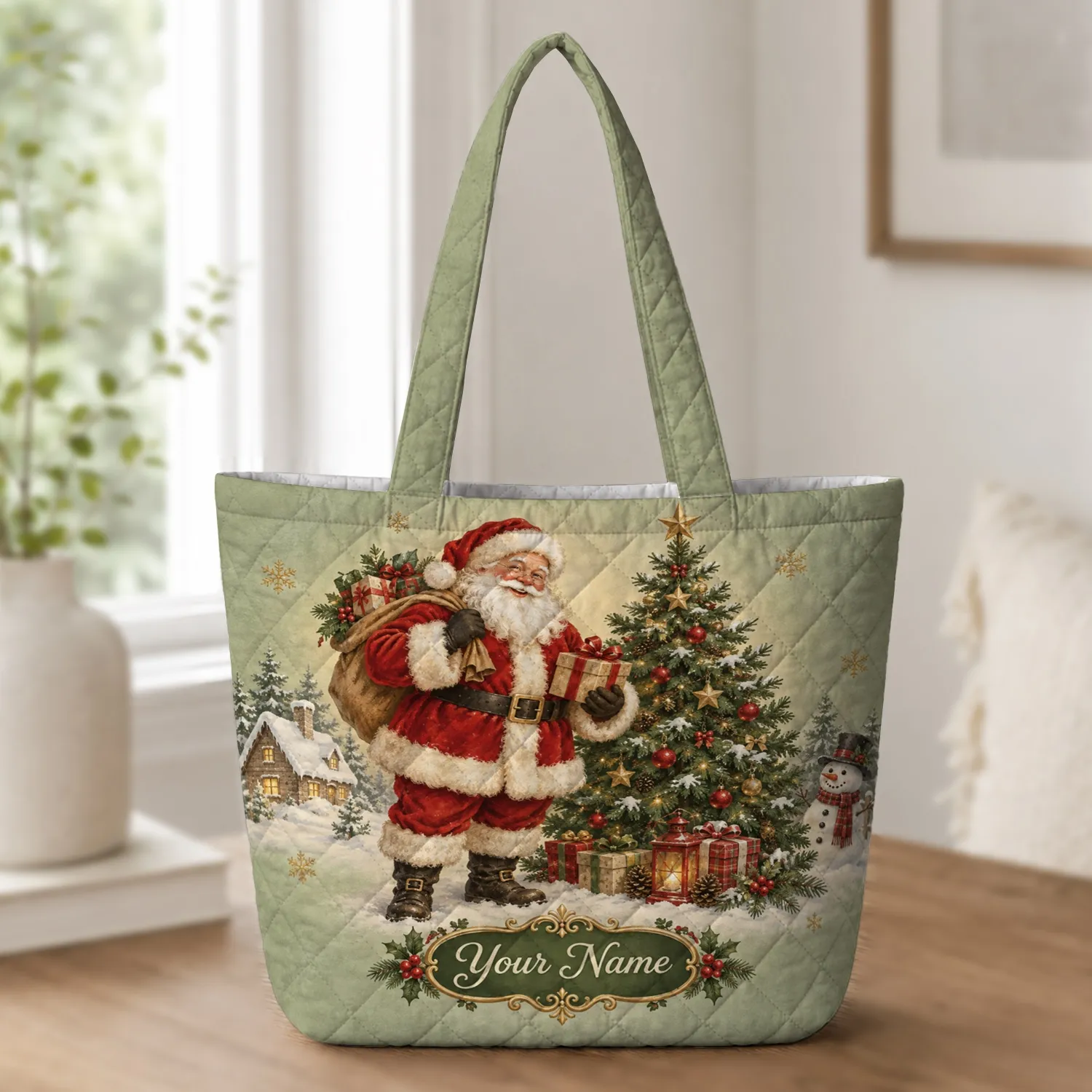Vintage Santa and Christmas Tree Holiday Scene for Cozy Christmas Gift Giving Season Quilted Tote Bag - 1
