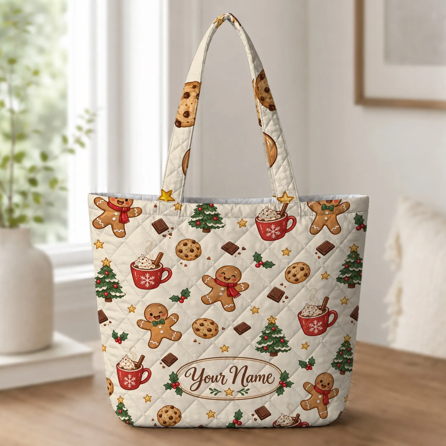 Christmas Gingerbread Cookies And Cocoa Mugs For Cozy Holiday Cheer All Winter Long Quilted Tote Bag - 1