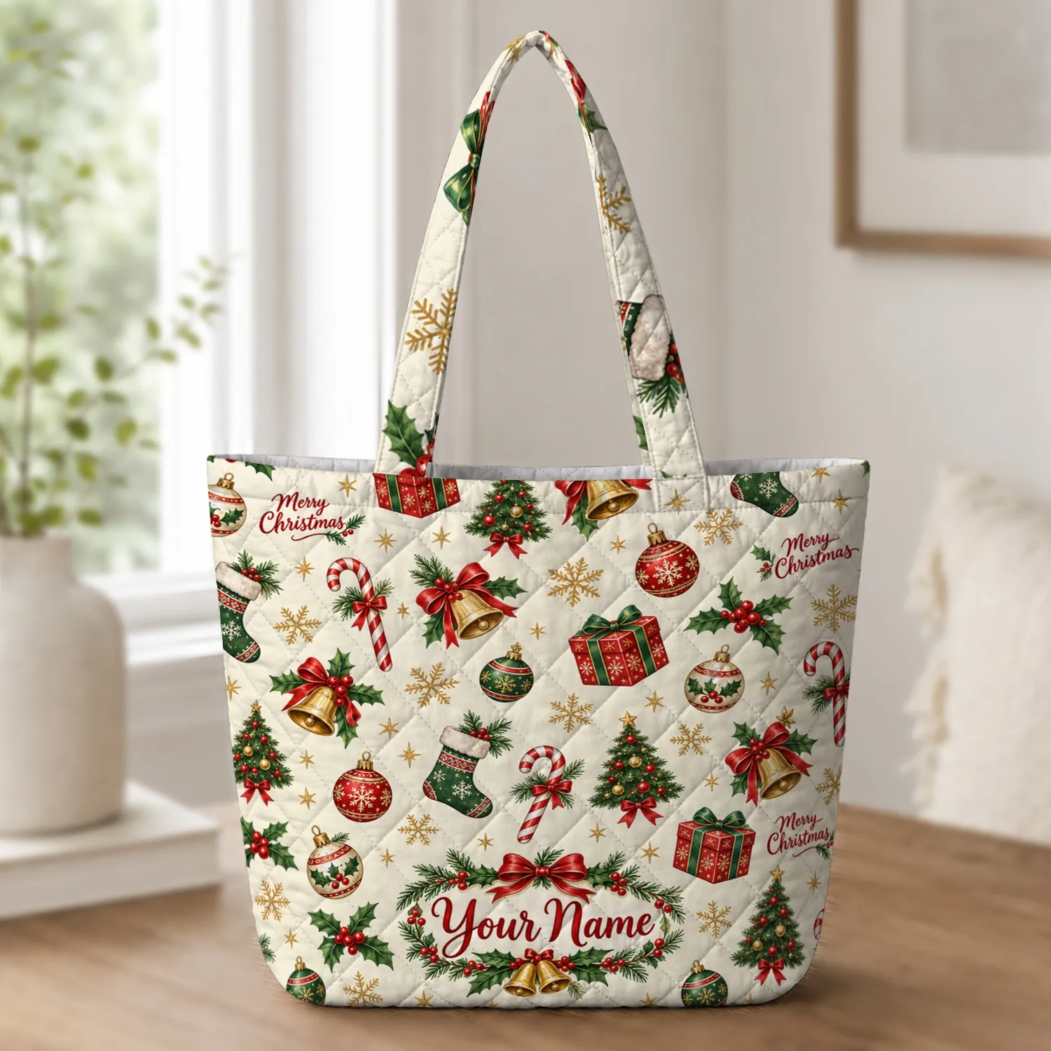 Christmas Sweater Icons, Holly and Gifts for Festive Holiday Giving and Winter Cheer Quilted Tote Bag - 1