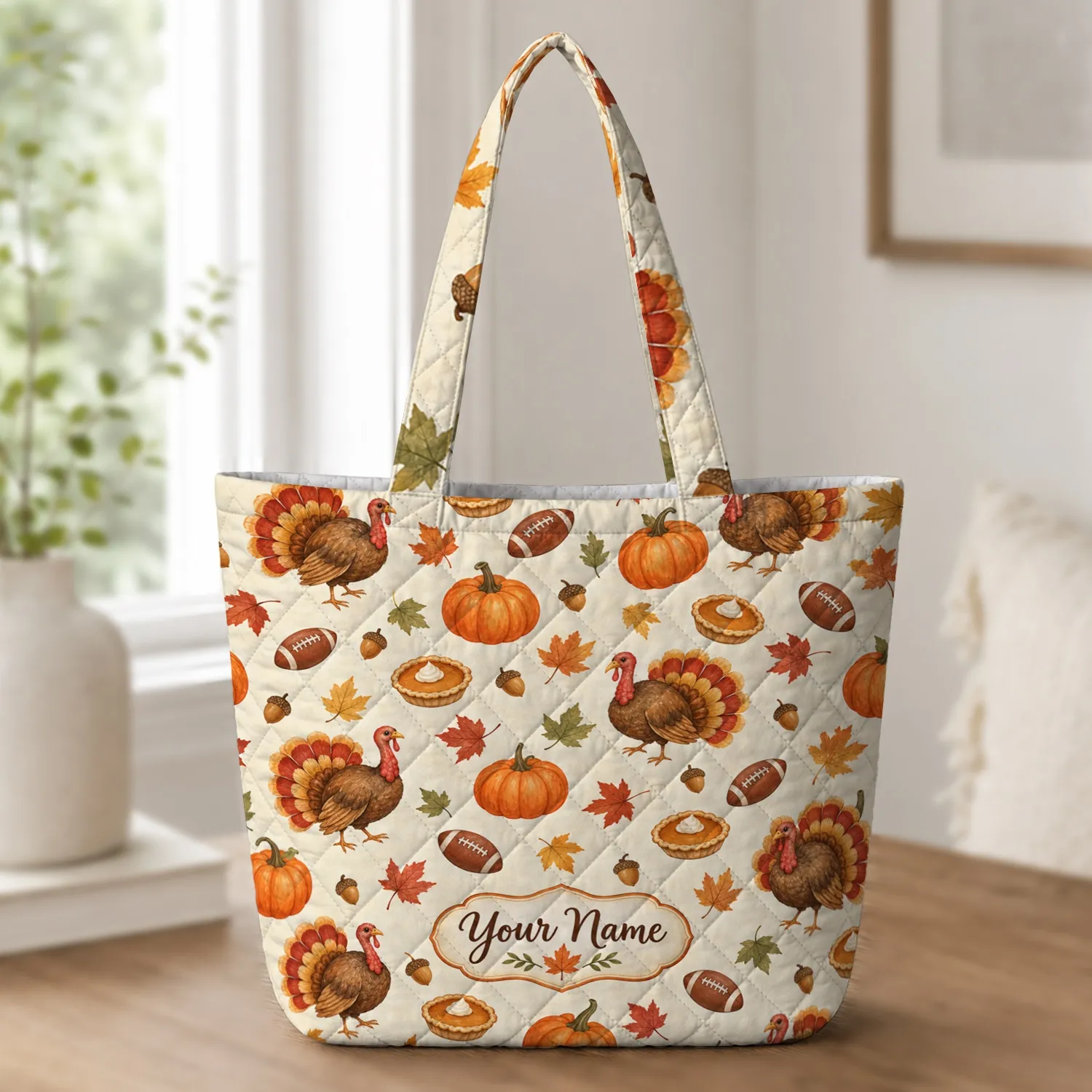 Thanksgiving Turkey Pumpkin Football Autumn Harvest Gift for Cozy Fall Gatherings Quilted Tote Bag - 1