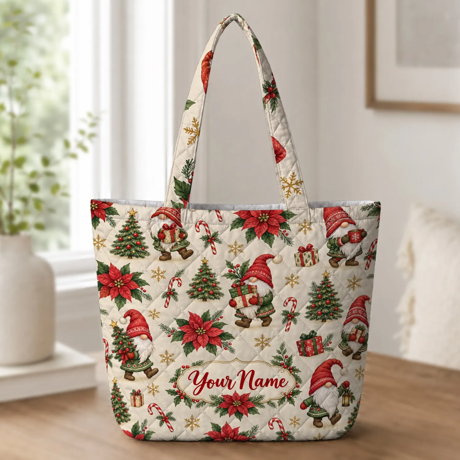Christmas Gnomes, Poinsettias and Evergreen Trees for Cozy Holiday Gifting for Her Quilted Tote Bag - 1
