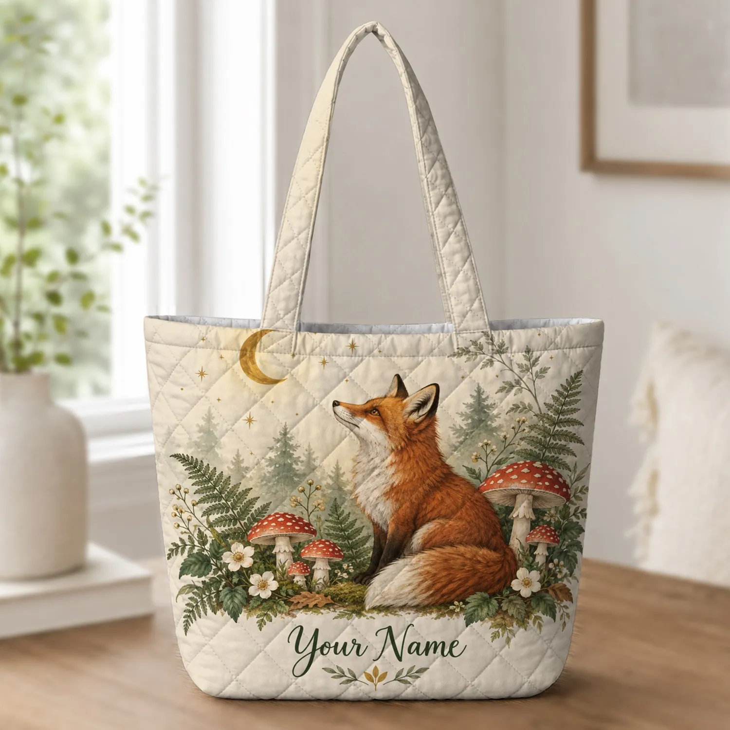 Woodland Fox and Moonlit Mushrooms for Cottagecore Nature Lovers and Gifts Quilted Tote Bag - 1