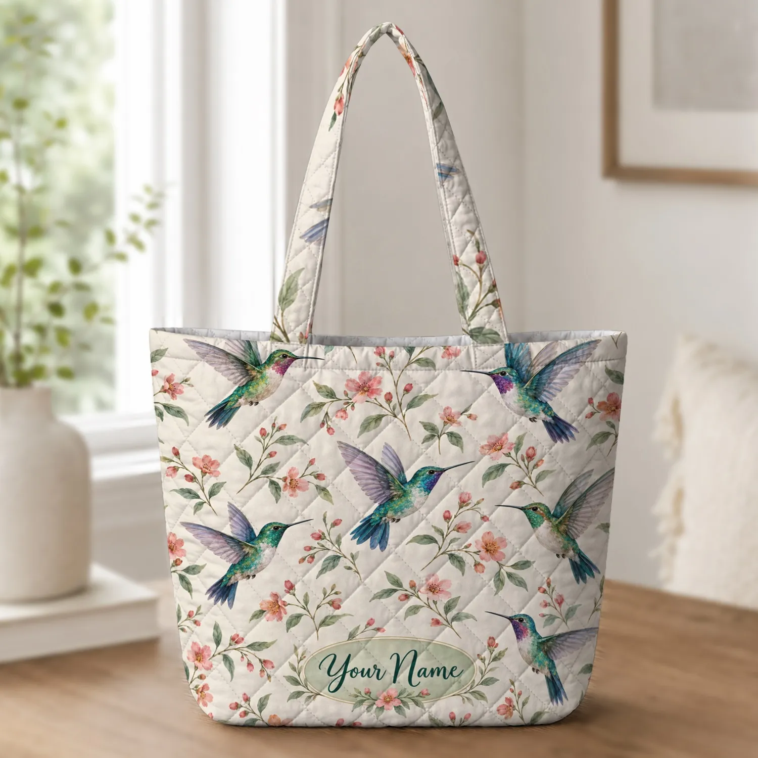 Hummingbird Wildflower Motif for Cottagecore Style, Spring Outings and Bird Lovers Quilted Tote Bag - 1