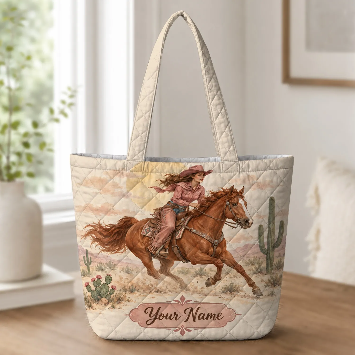 Galloping Horse and Cowgirl Desert Scene for Western Ranch Style Horse Lovers Quilted Tote Bag - 1