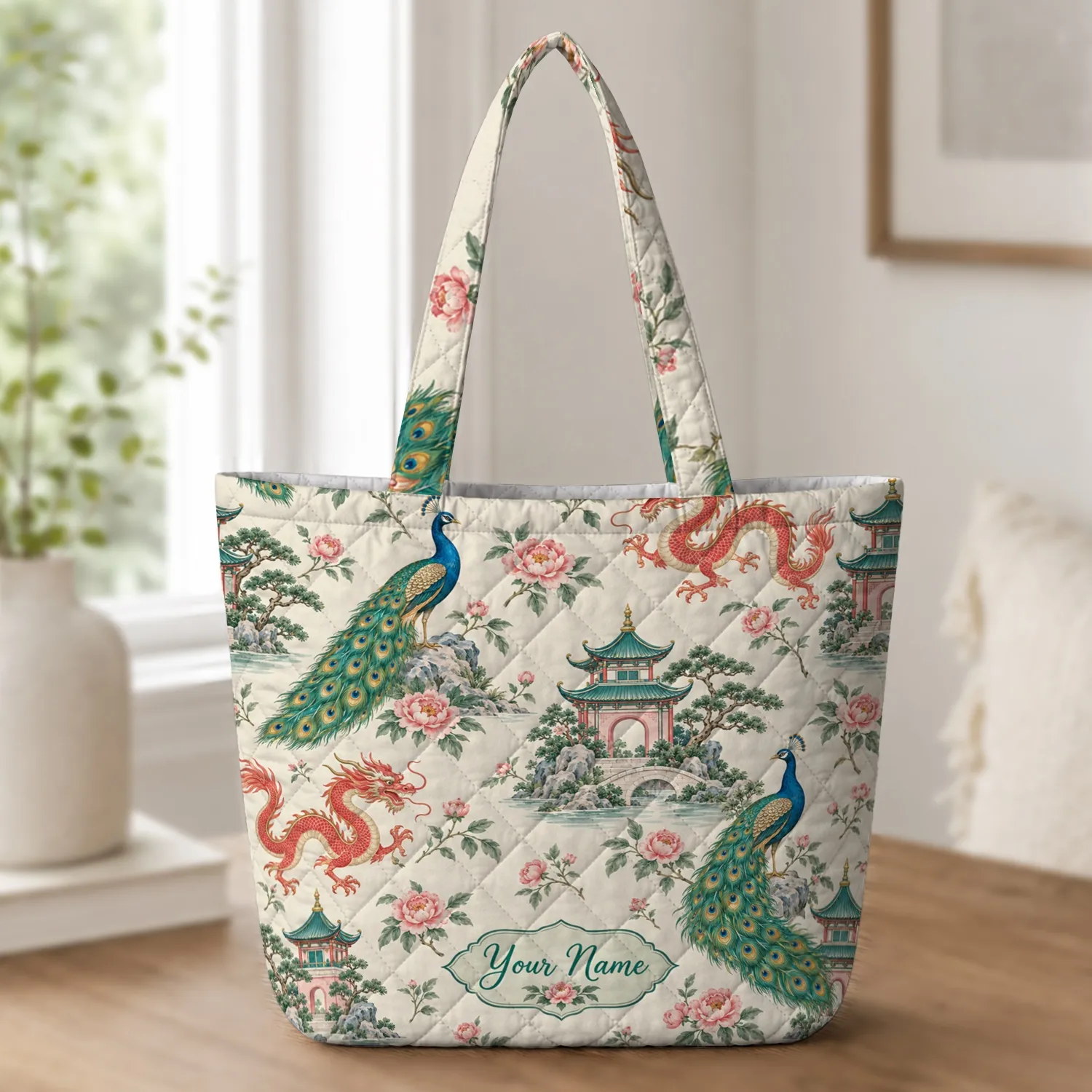 Chinoiserie Pagodas, Peacocks And Dragons For Elegant Everyday Outings And Gifting Quilted Tote Bag - 1