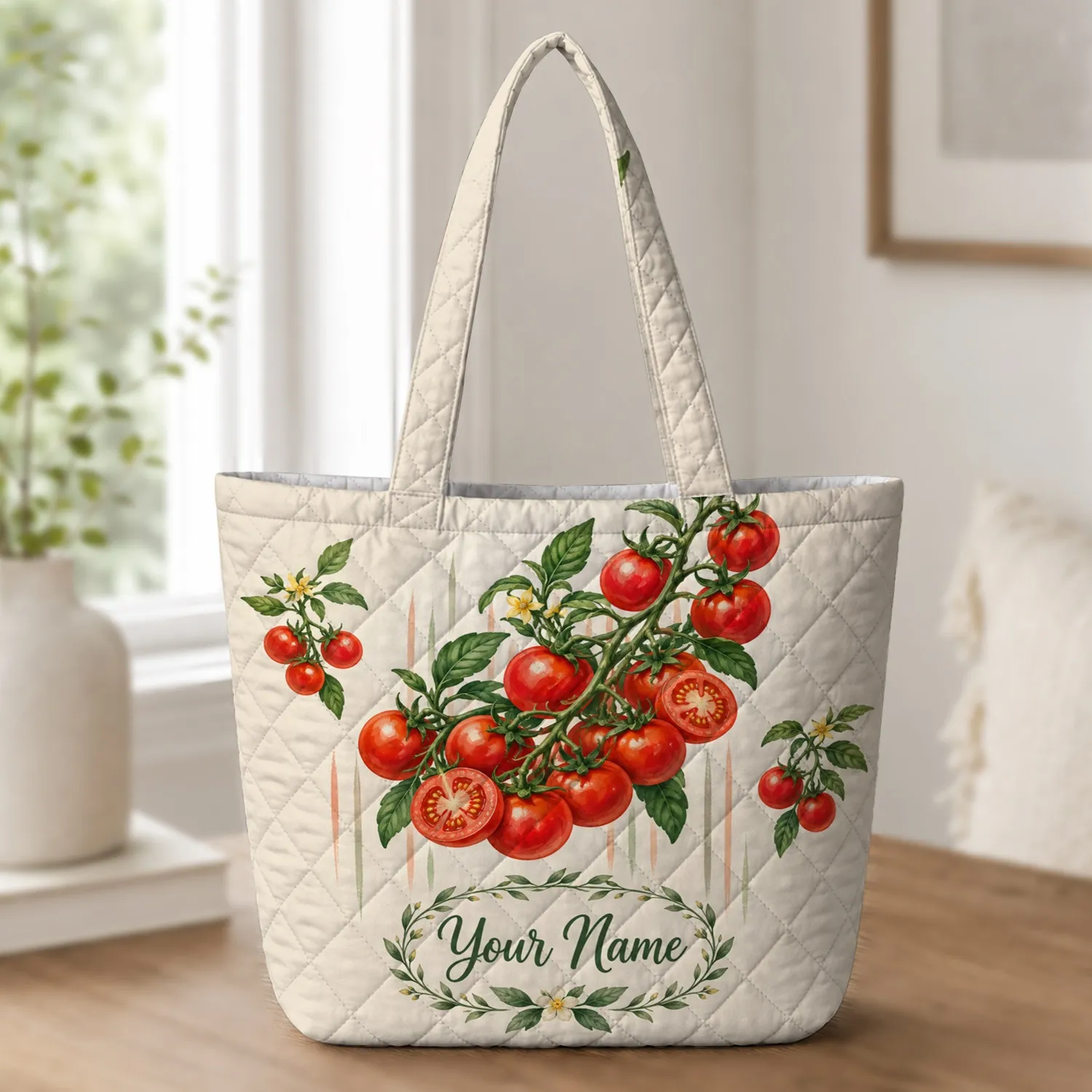 Cherry Tomato Vine Illustration for Cottage Garden Style and Summer Market Days Quilted Tote Bag - 1