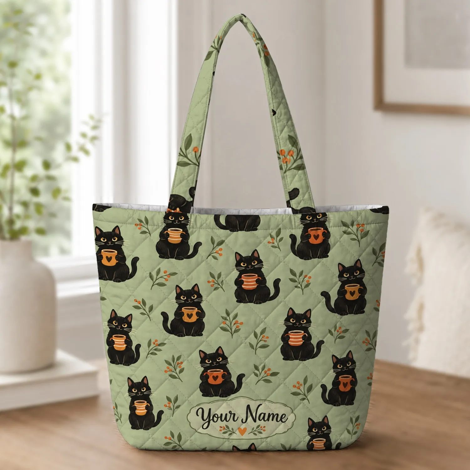 Black Cats Holding Coffee Mugs for Cozy Autumn Style and Thoughtful Cat Lover Gifts Quilted Tote Bag - 1