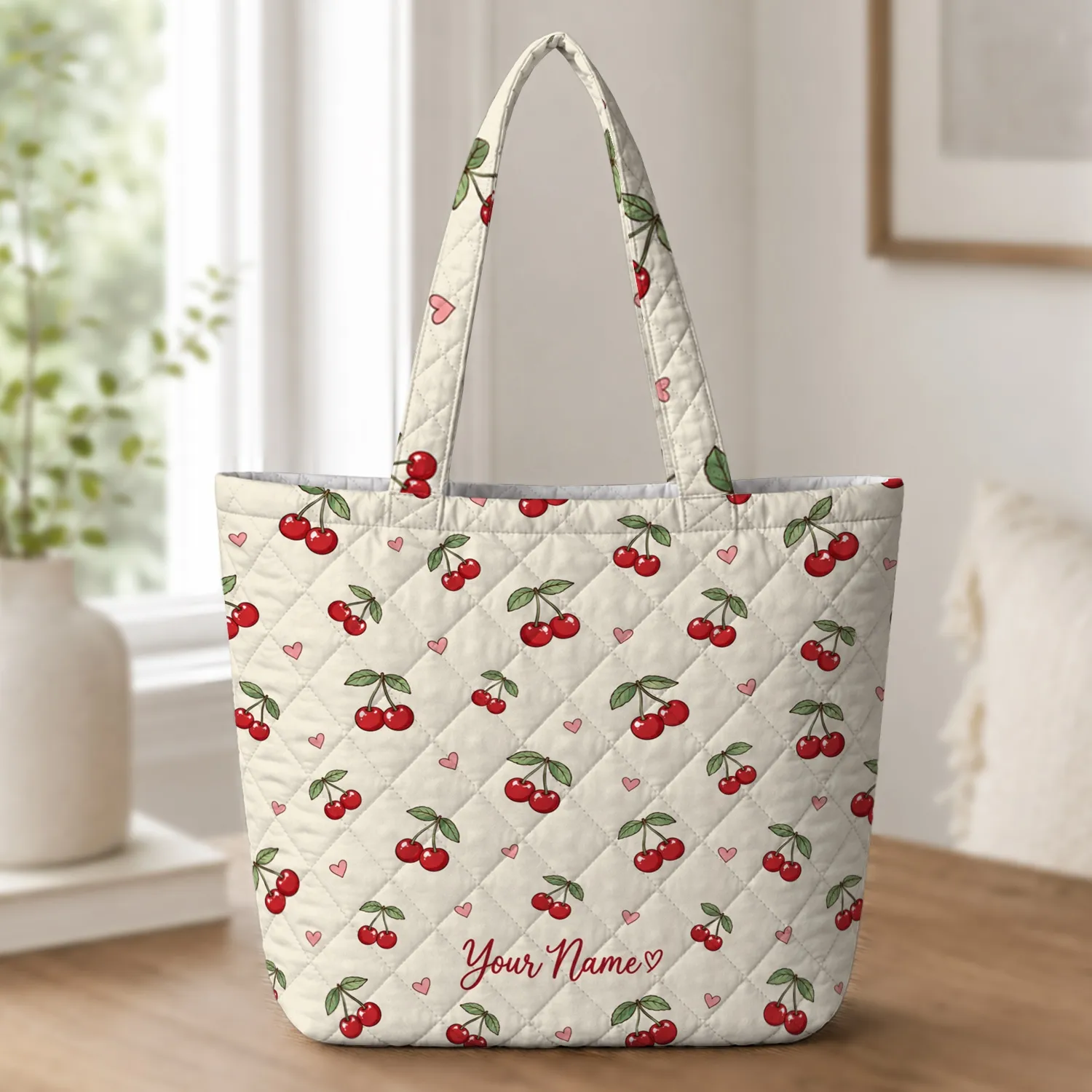 Cherry Heart Cardigan Motif For Sweet Everyday Style And Thoughtful Gifts For Cherry Lovers Quilted Tote Bag - 1